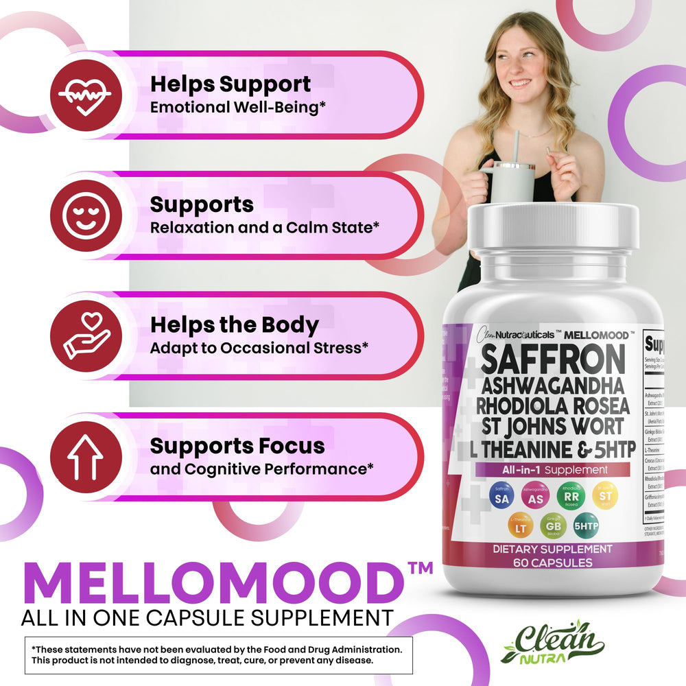 Clean Nutraceuticals Mellomood capsules pouring from bottle for easy dosing