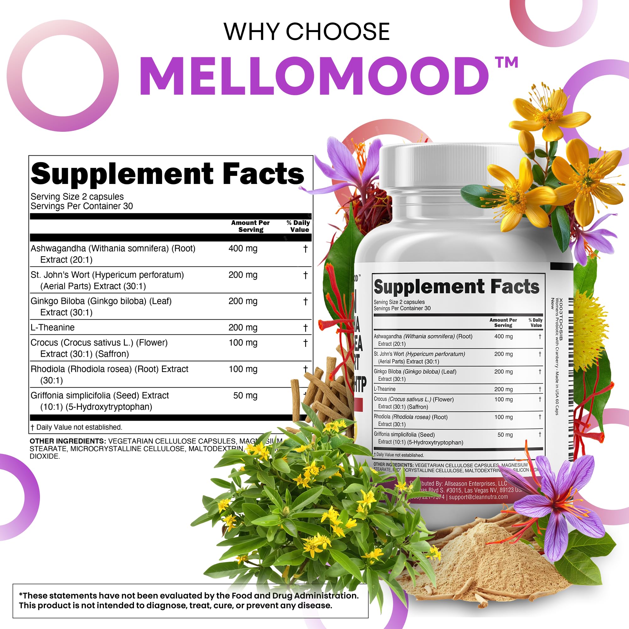 Clean Nutraceuticals Mellomood label closeup, emphasizing saffron blend and adaptogens for resilience