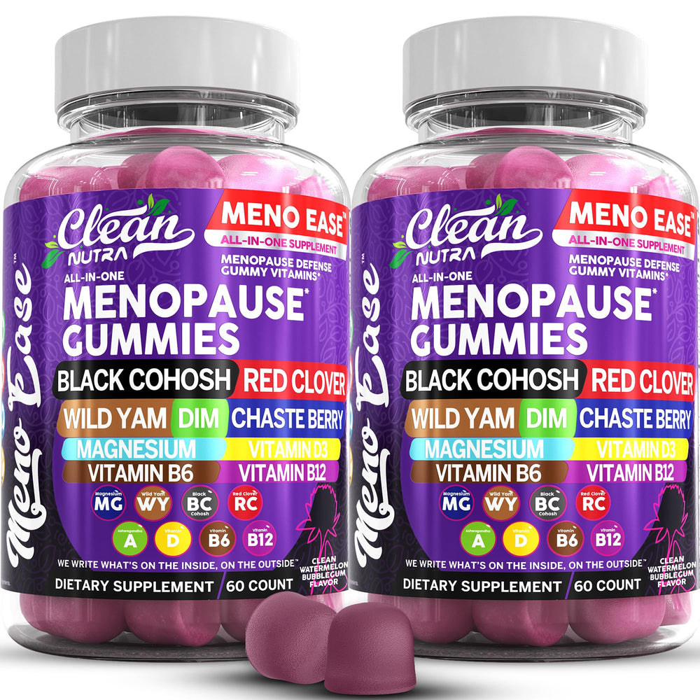 Clean Nutraceuticals Meno Ease bottle-pour shows easy daily gummies for menopause support.
