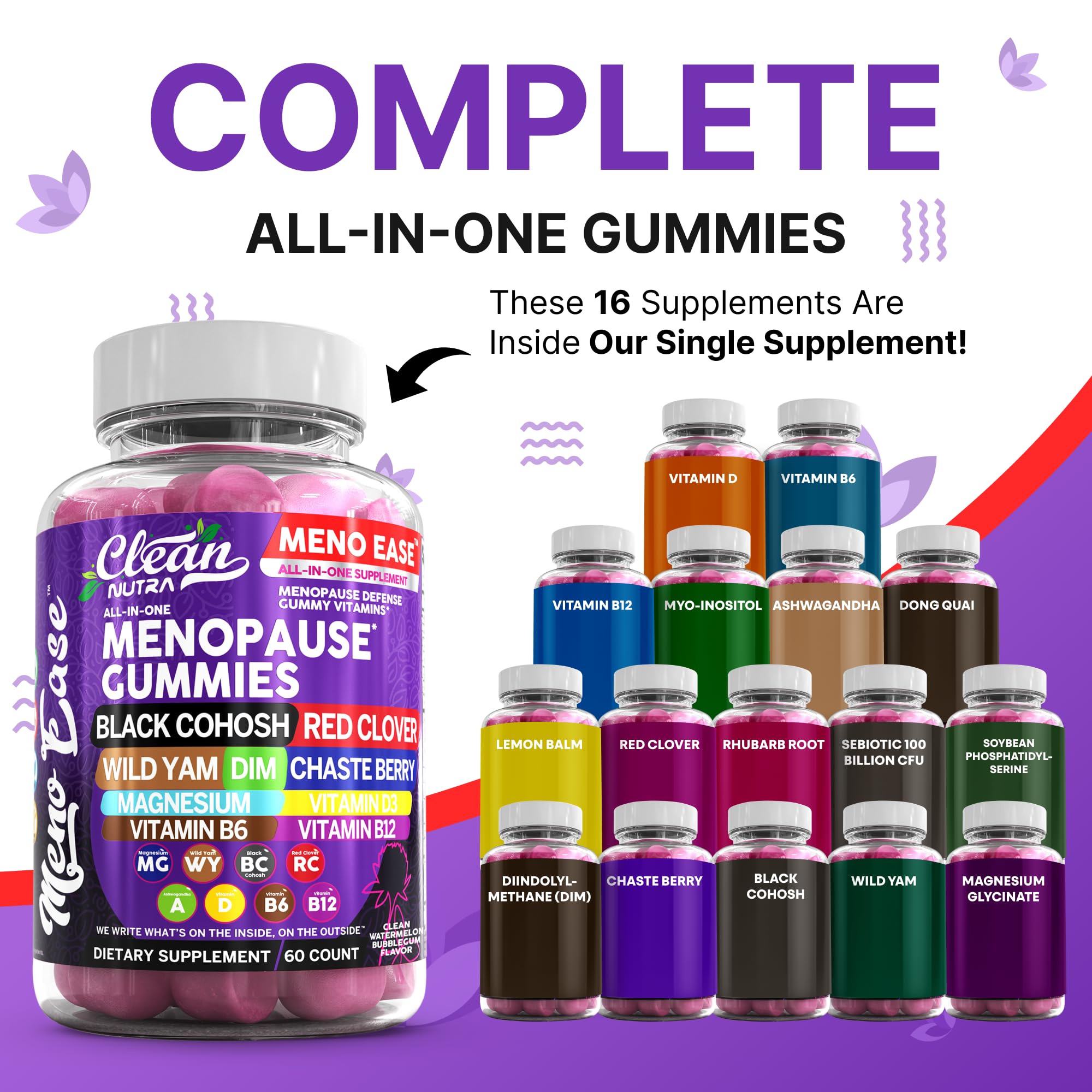 Clean Nutraceuticals Meno Ease gummies closeup reveals soft texture for daily use.