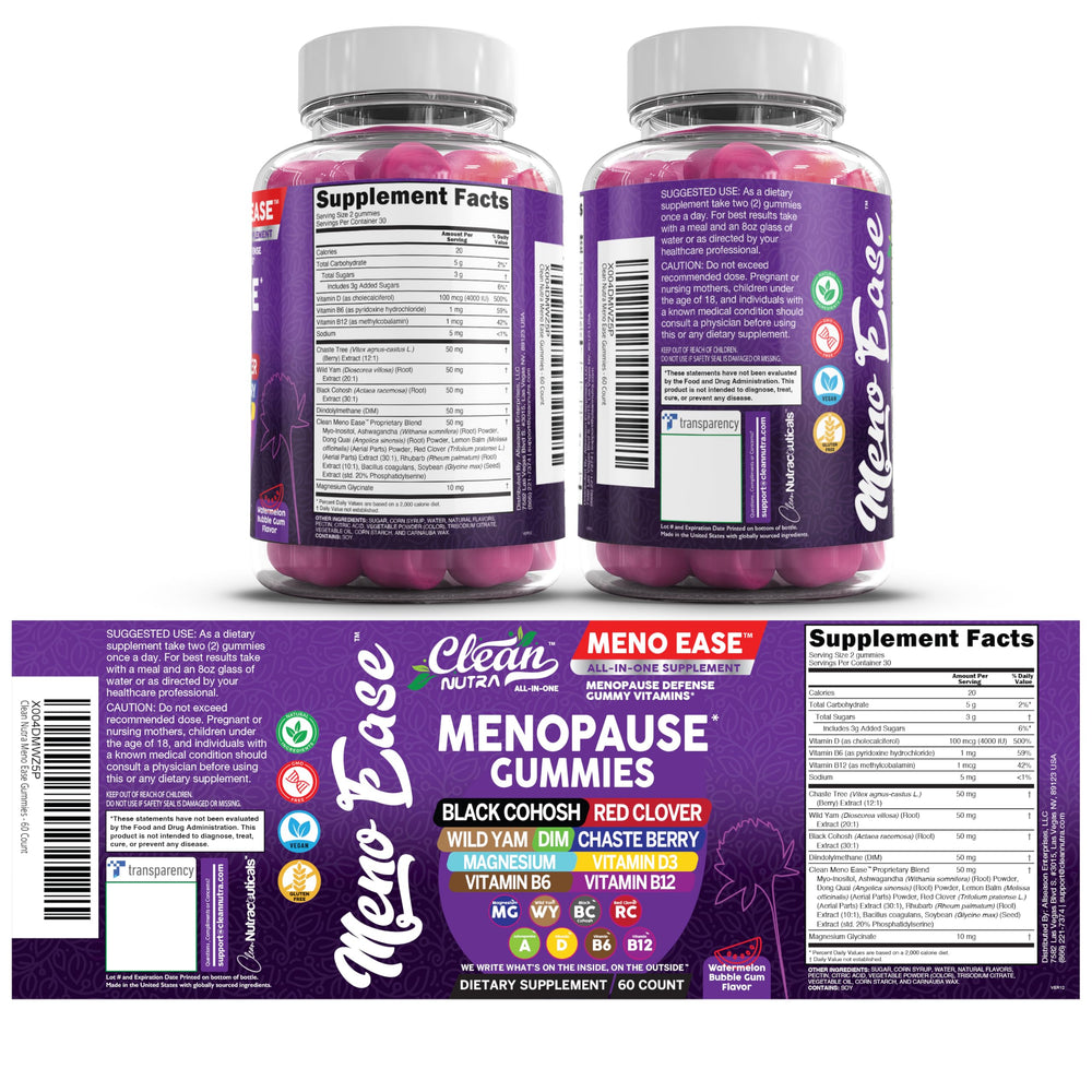 Clean Nutraceuticals Meno Ease gummies on a tray invite evening routine.