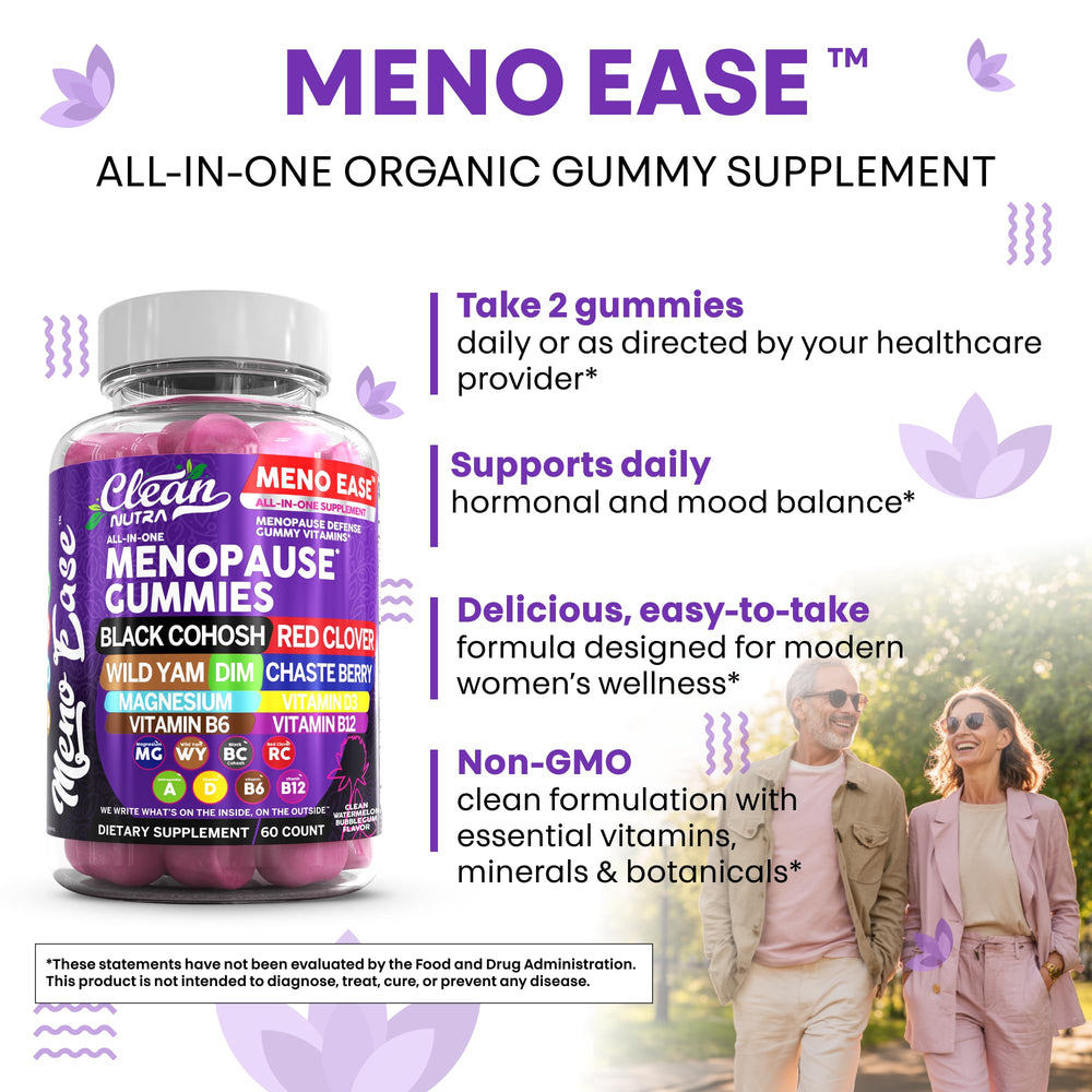 Clean Nutraceuticals Meno Ease red clover depiction suggests menopausal comfort.