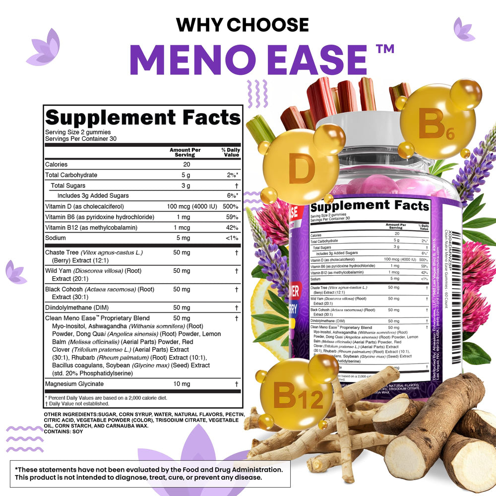 Clean Nutraceuticals Meno Ease wild yam image emphasizes herb for balance.