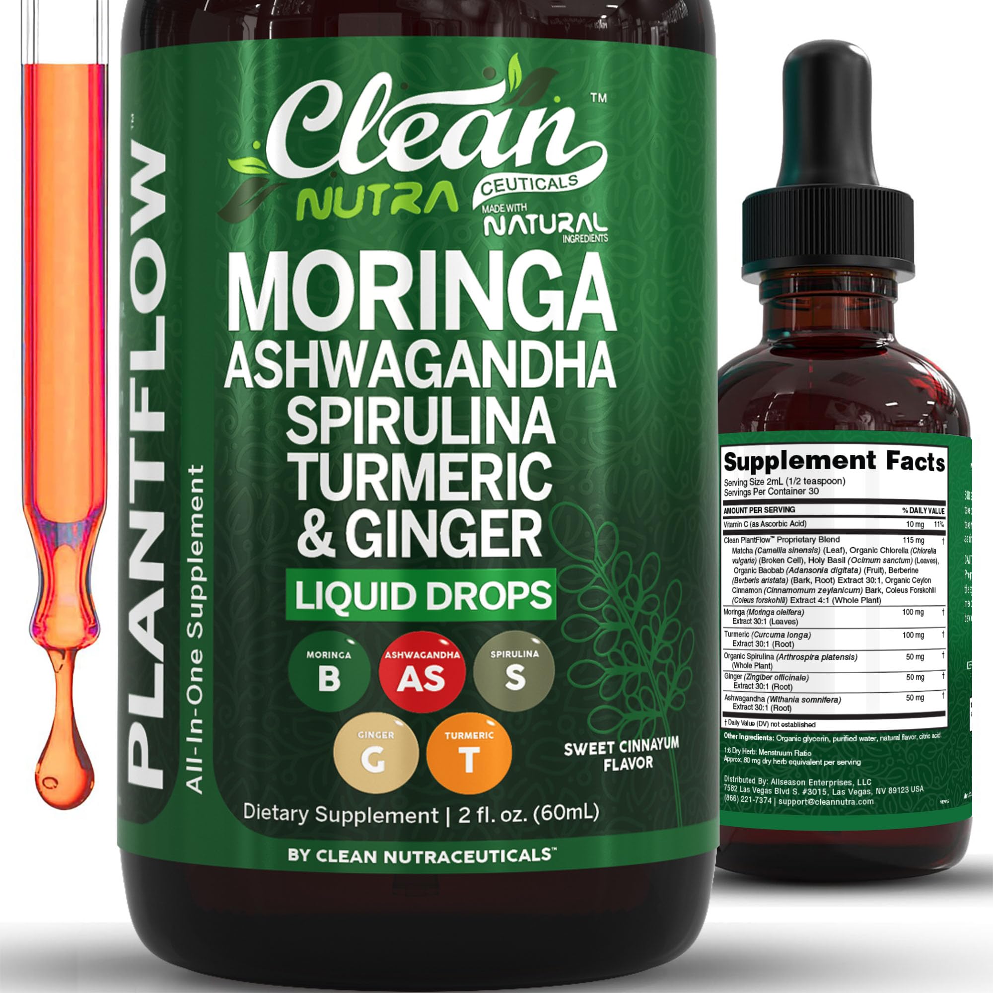 Clean Nutraceuticals Moringa Drops with Ashwagandha bottle highlighting daily vitality