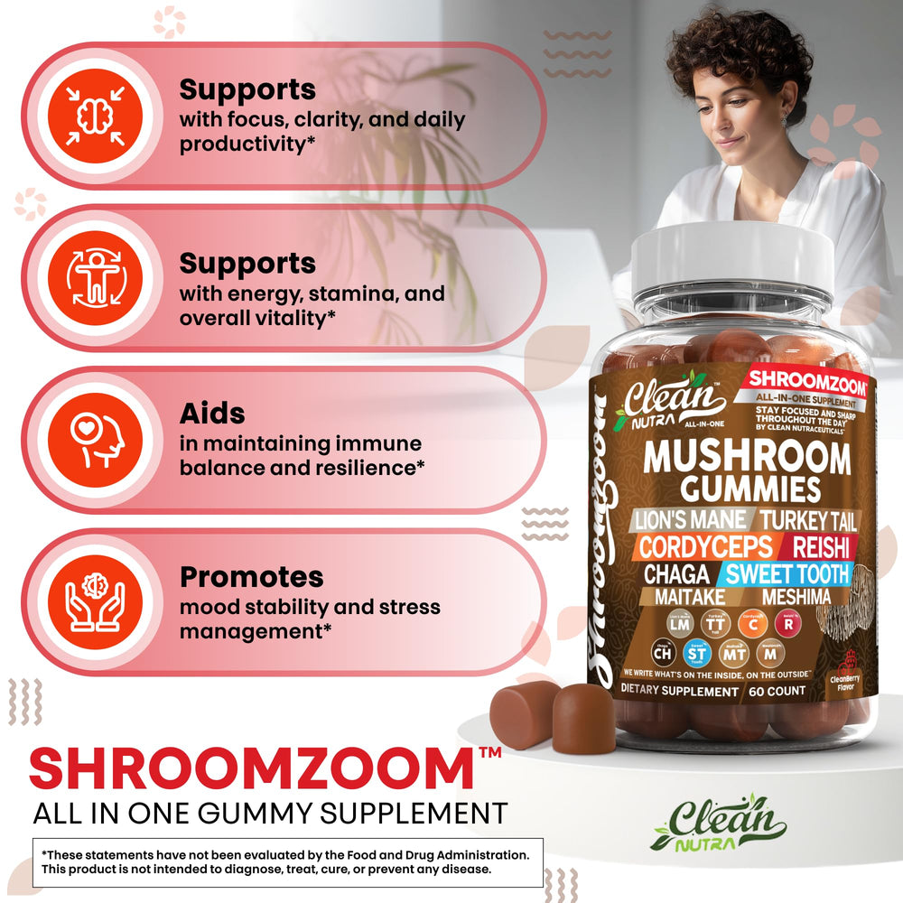 Clean Nutraceuticals mushrooms blend with reishi and chaga illustrating balanced wellness blend
