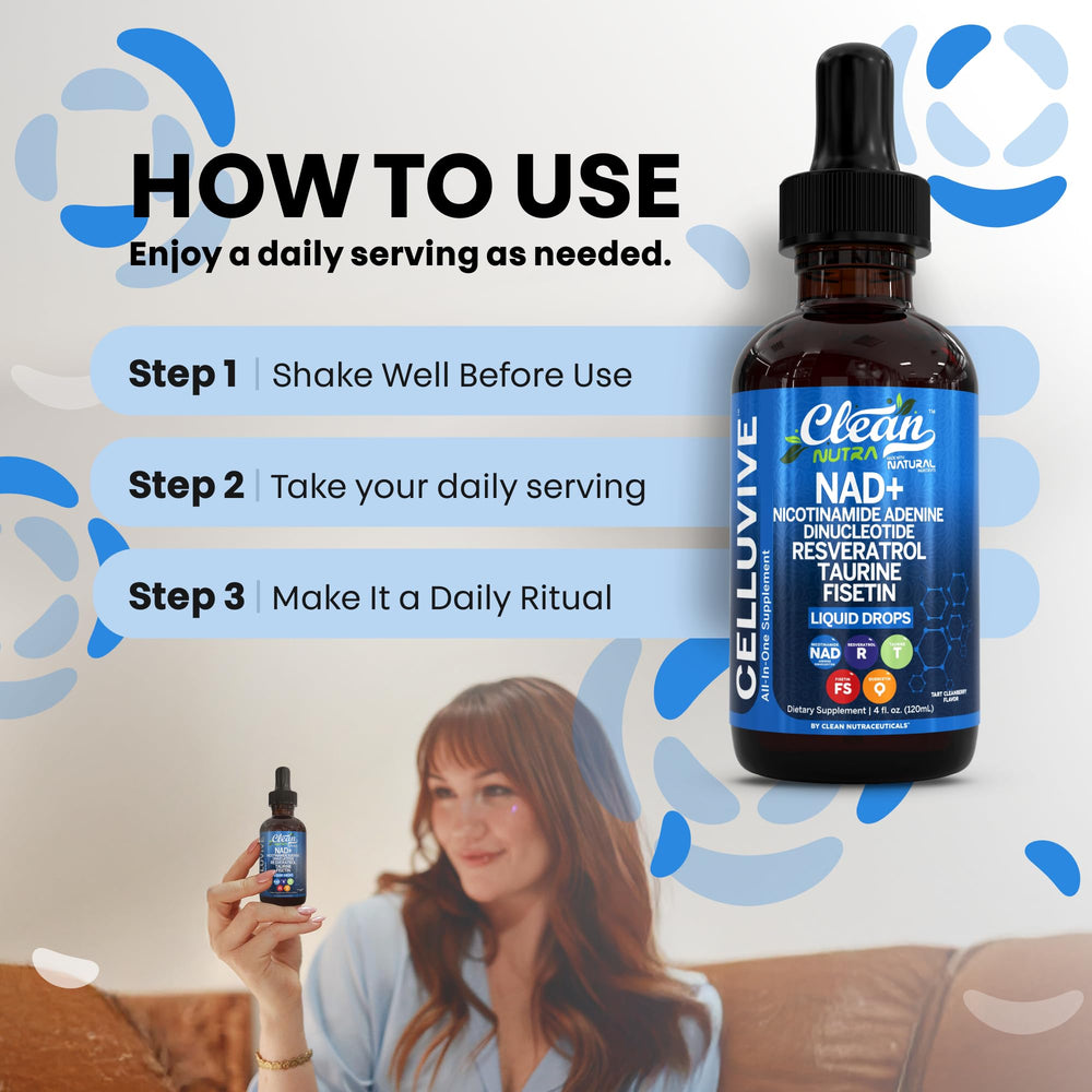 Clean Nutraceuticals NAD Liquid Drops in water suggest convenient daily ritual