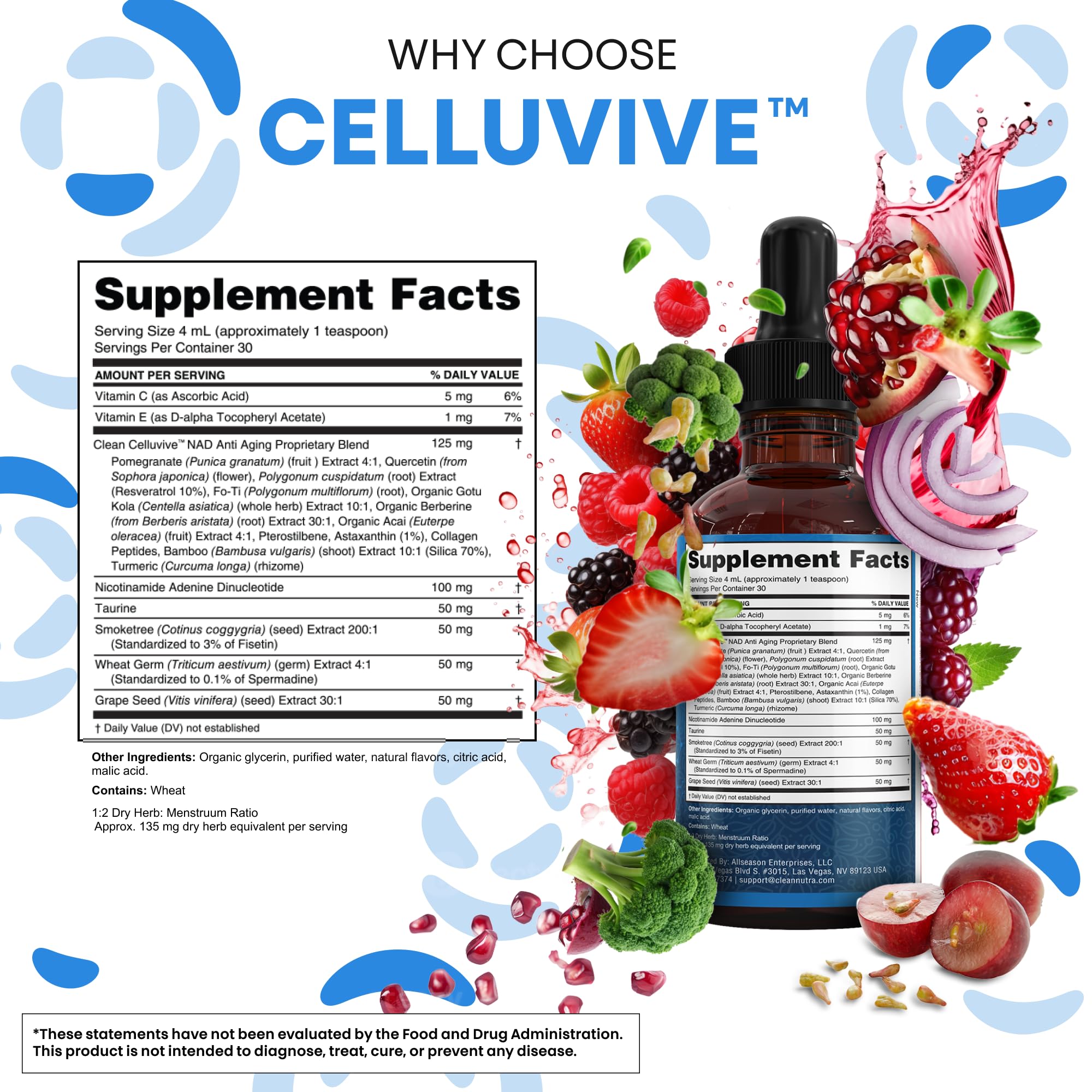 Clean Nutraceuticals NAD Liquid Drops label close-up featuring resveratrol and polyphenols