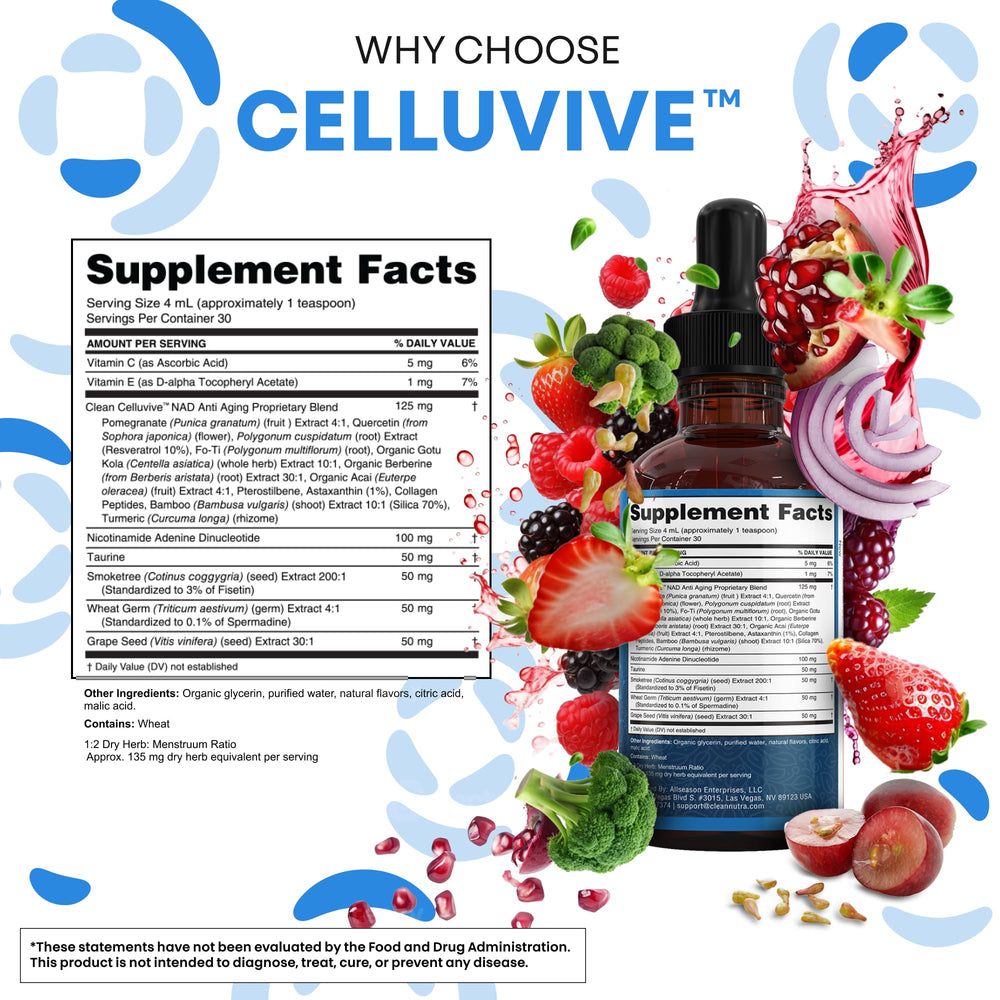 Clean Nutraceuticals NAD Liquid Drops label close-up featuring resveratrol and polyphenols
