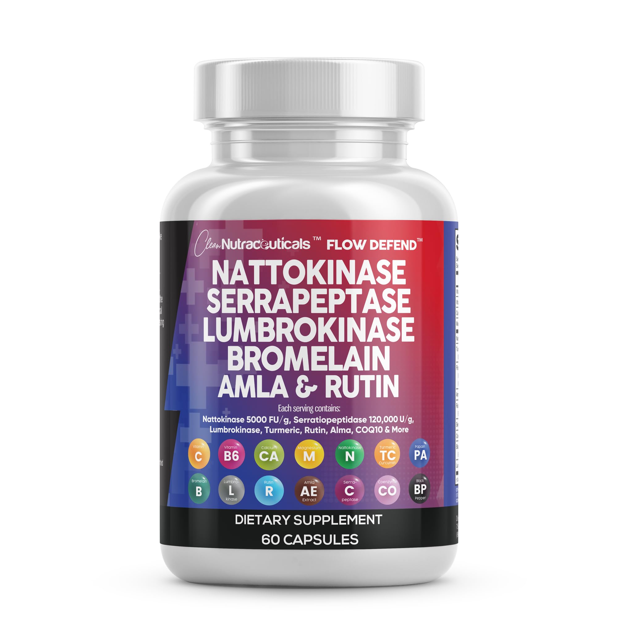 Clean Nutraceuticals nattokinase bottle highlighting enzyme blend for daily wellness support.