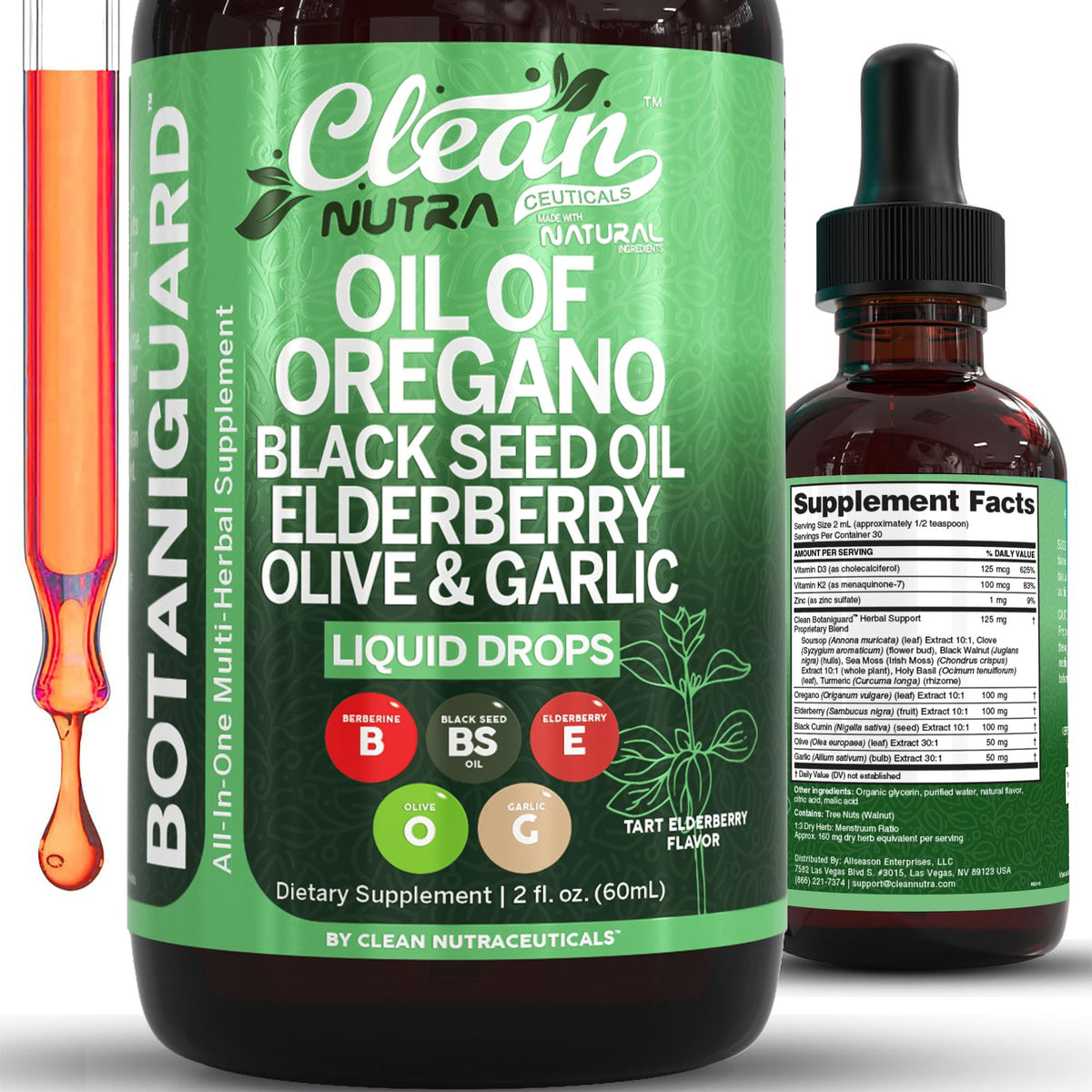 Clean Nutraceuticals Oil of Oregano bottle front view highlighting immune-support formula