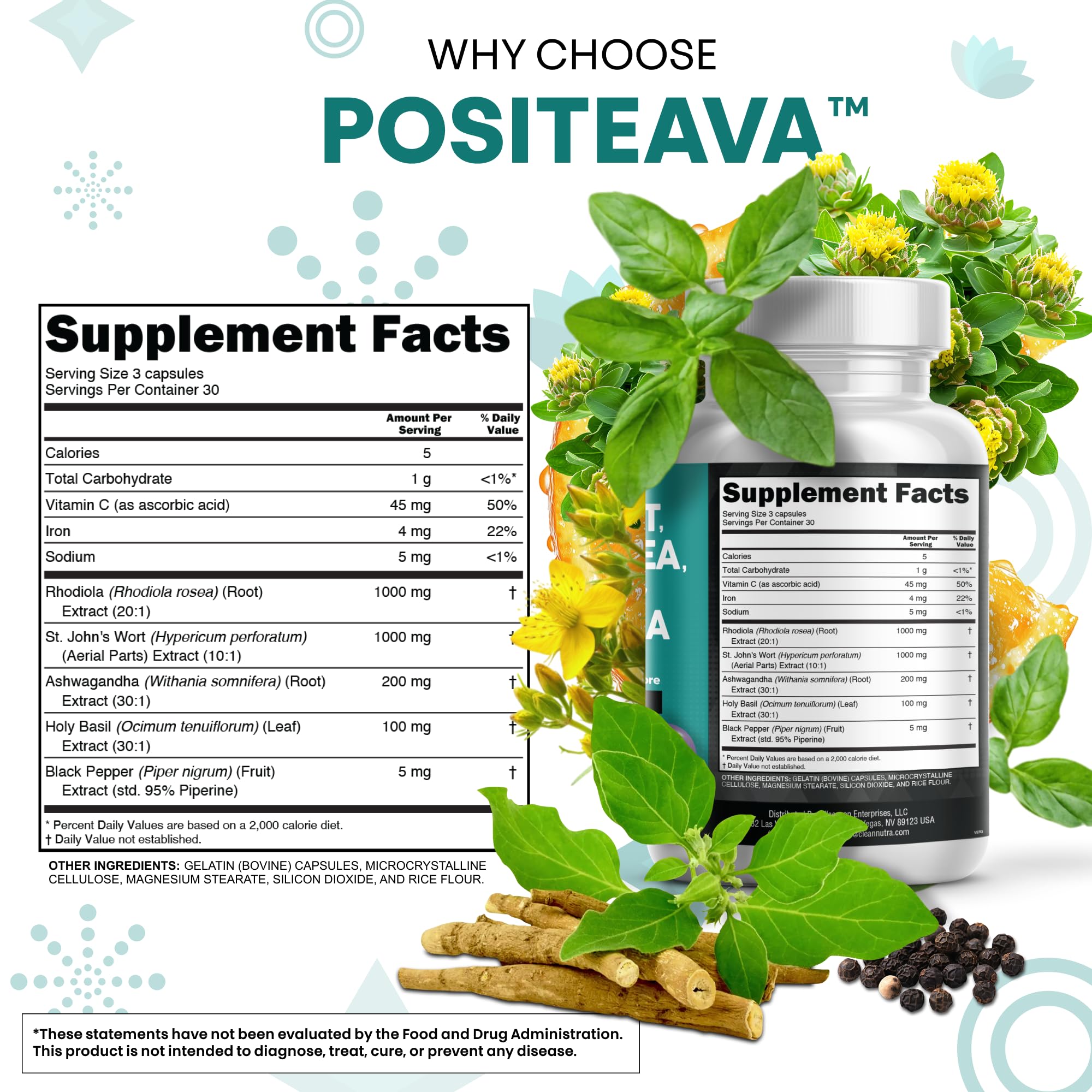 Clean Nutraceuticals Positeava bottle resting on wood evokes natural wellness routine.