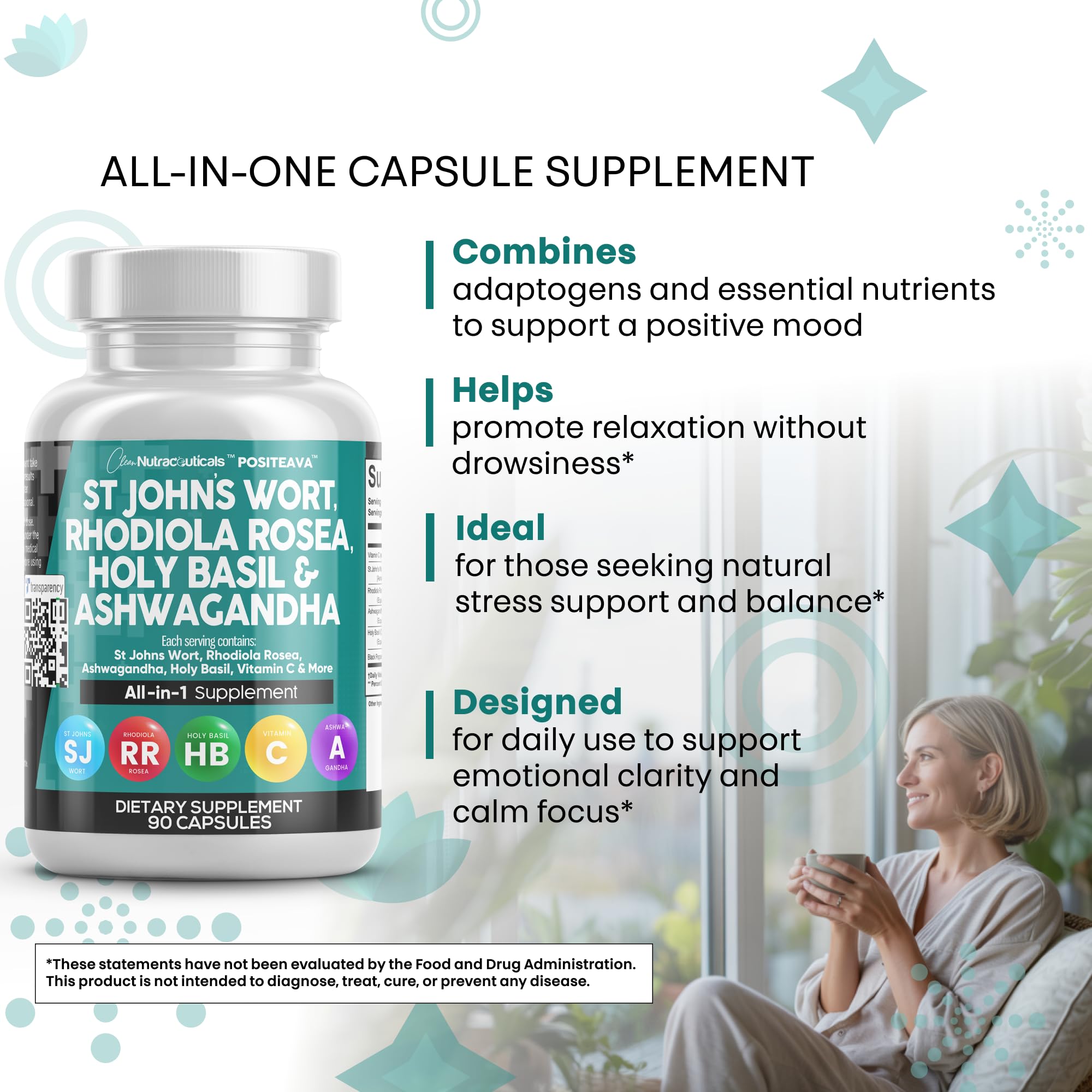 Clean Nutraceuticals Positeava bottle with herbal ingredients signifying a holistic wellness approach.