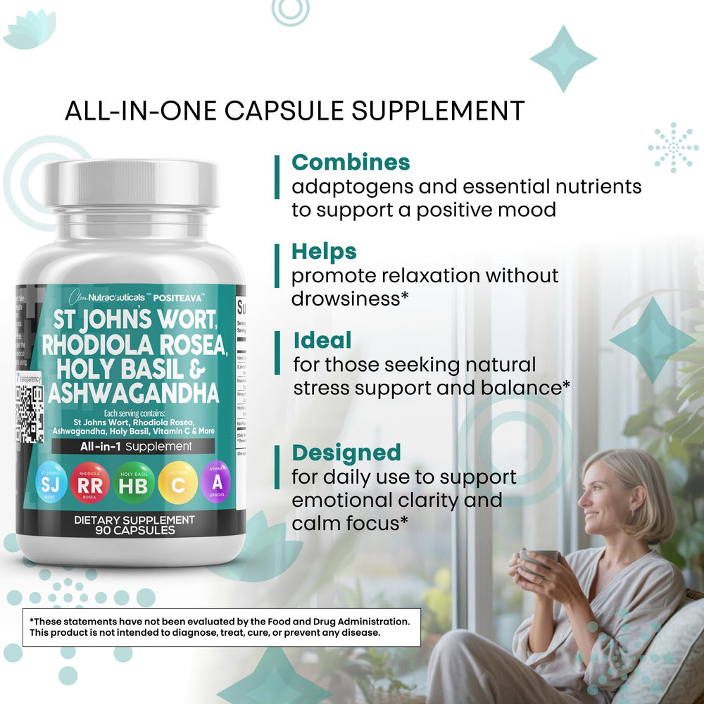 Clean Nutraceuticals Positeava bottle with herbal ingredients signifying a holistic wellness approach.