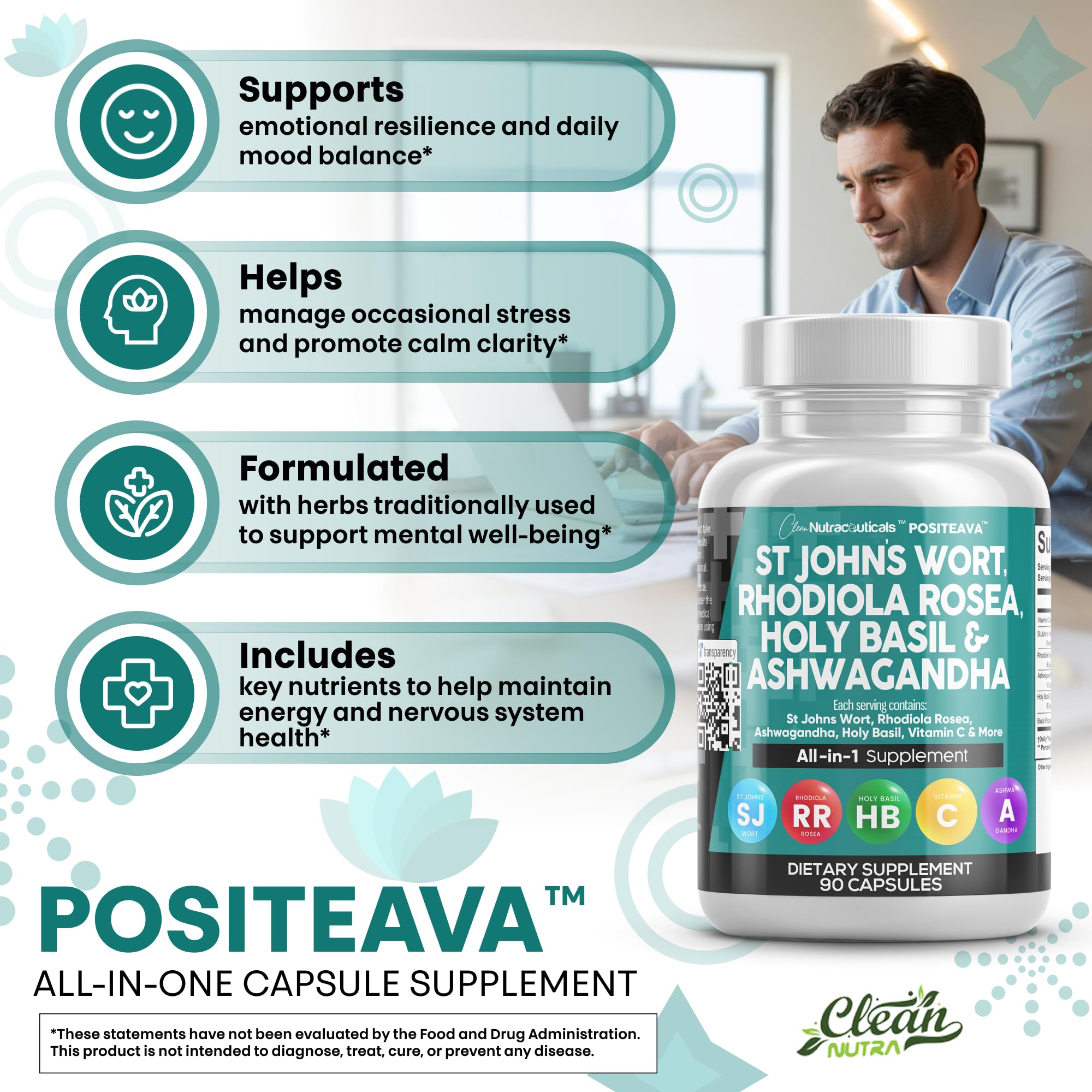 Outlined Clean Nutraceuticals Positeava capsules reveal smooth coating for easy intake.