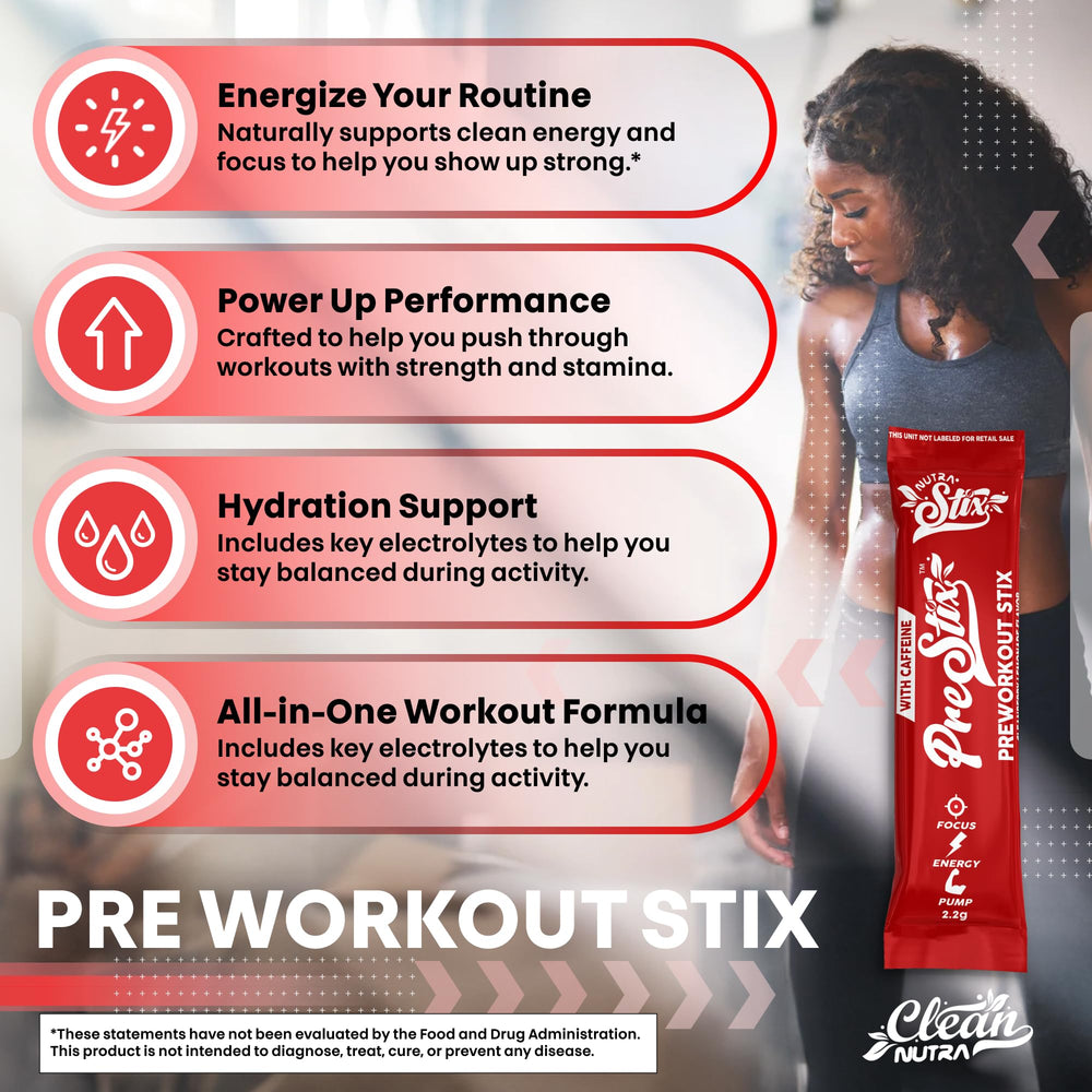 Clean Nutraceuticals Pre Stix ingredients label with caffeine and amino acids