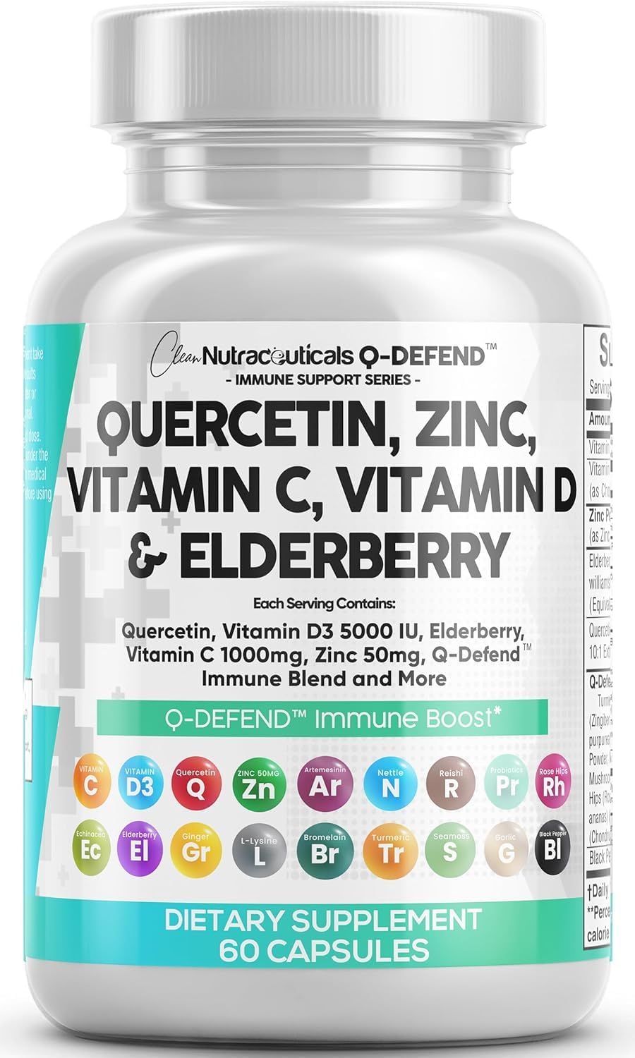 Clean Nutraceuticals bottle of Quercetin Zinc Vitamin C Vitamin D Bromelain Elderberry with rapid immune support