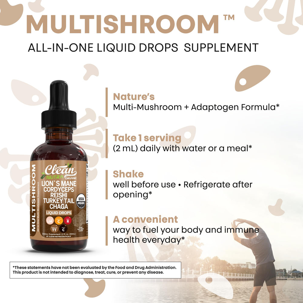 Clean Nutraceuticals Reishi Chaga herbal blend closeup signals potential wellness support.