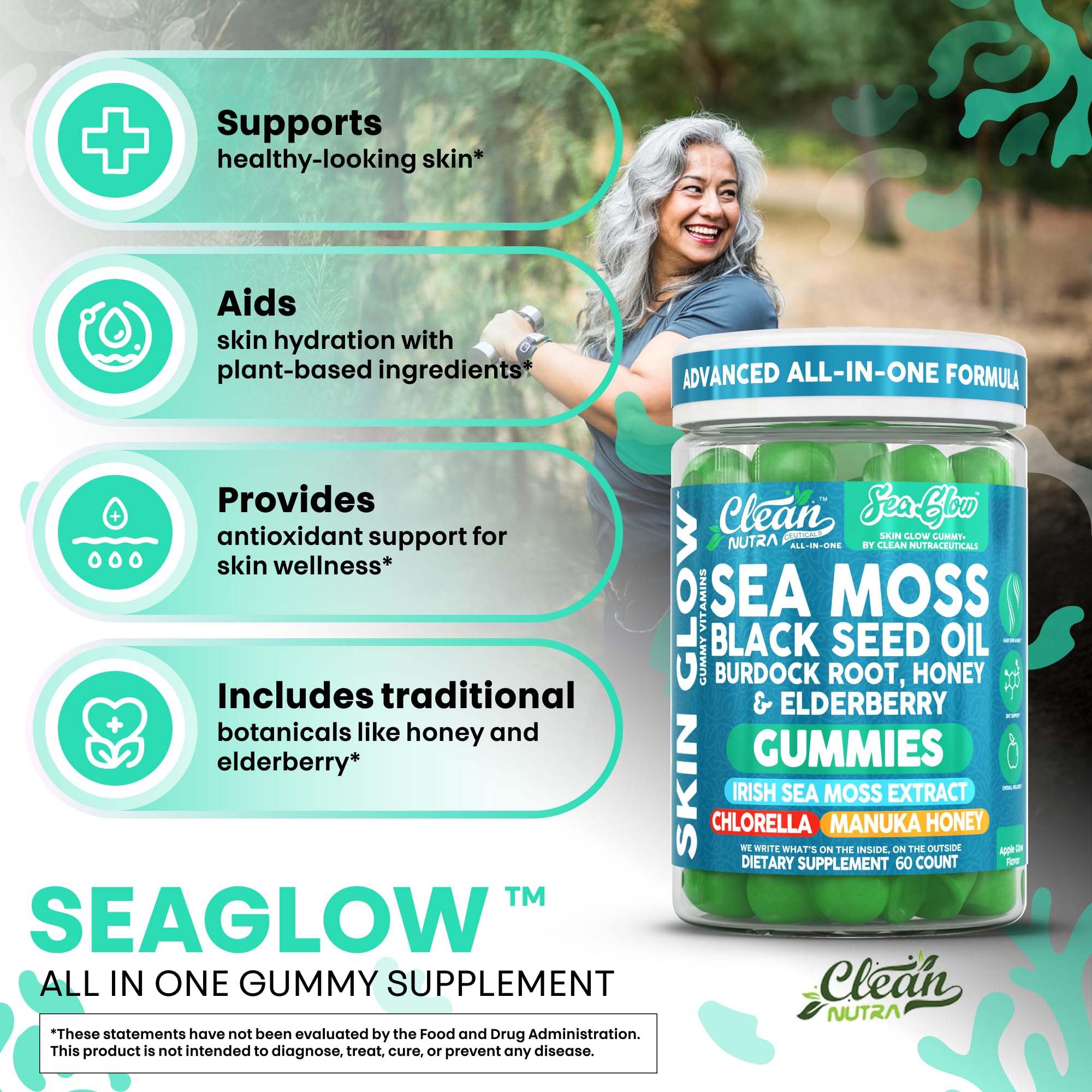 Bottle with black seed oil element in Sea Glow Gummies for hair and skin support.