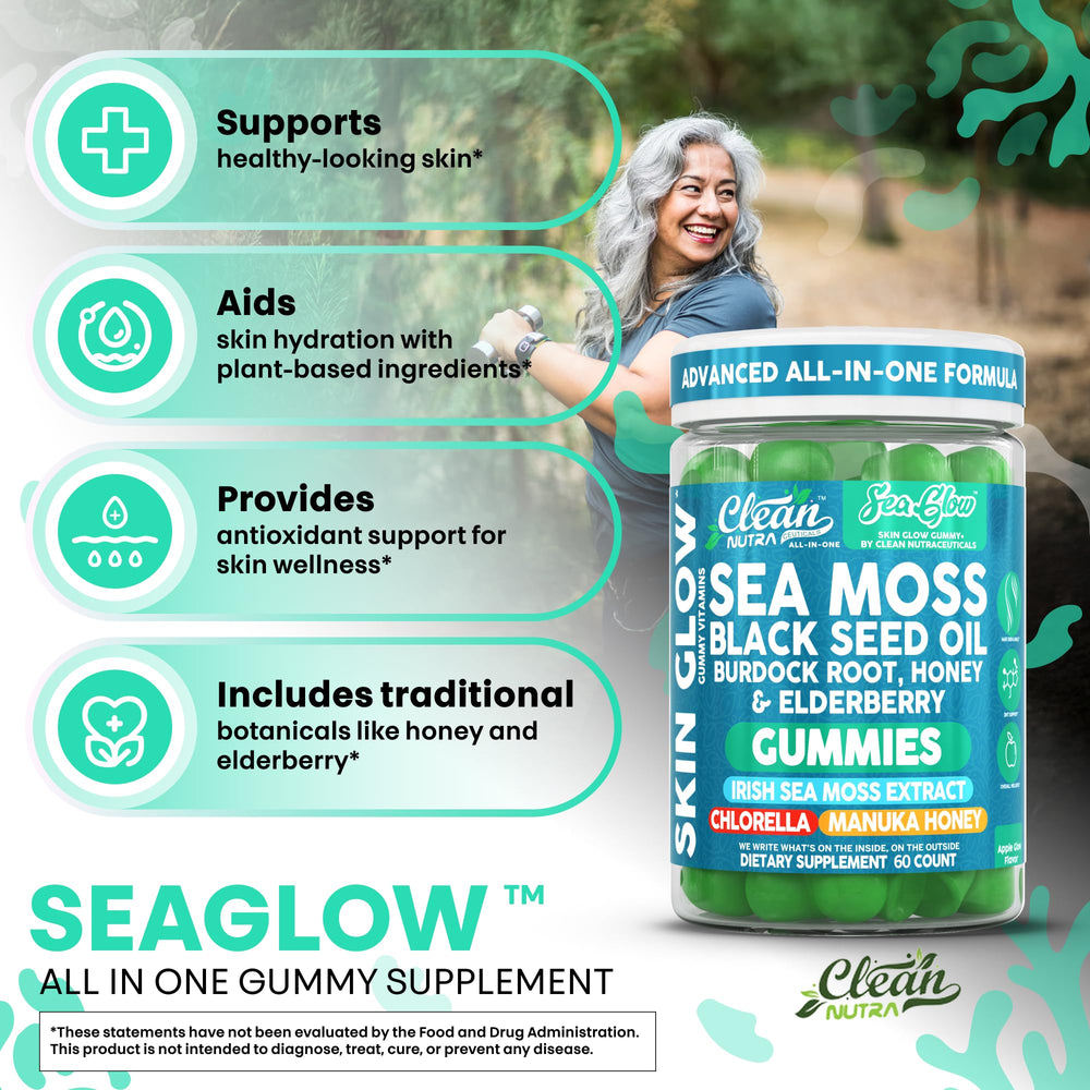 Bottle with black seed oil element in Sea Glow Gummies for hair and skin support.
