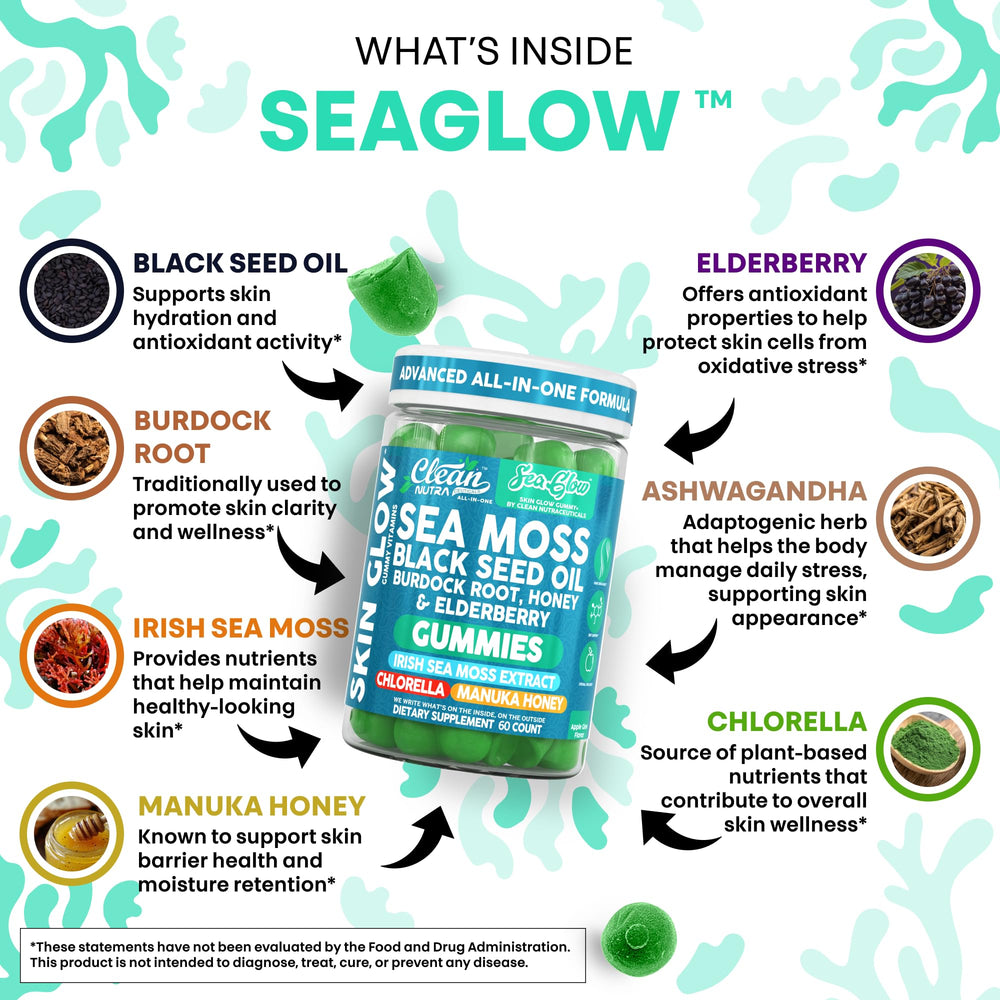 Eight-botanical Sea Glow Gummies blend shown in a pack for on-the-go vitality.