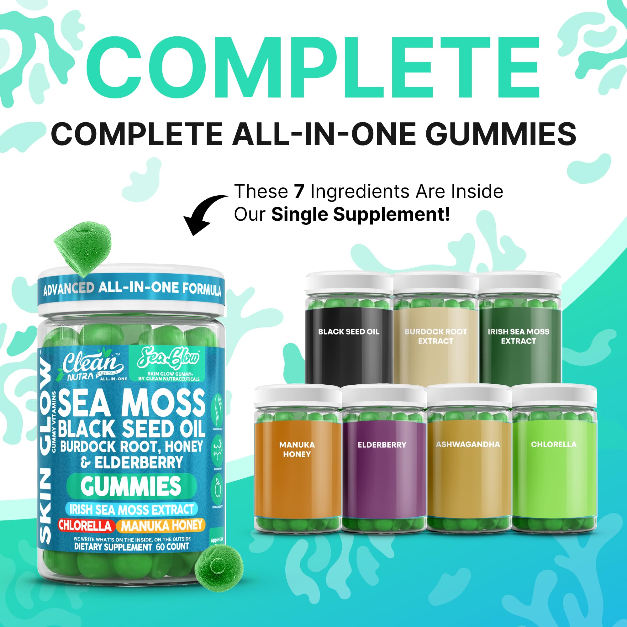 Texture-focused view of Clean Nutraceuticals Sea Glow Gummies for skin-friendly glow.