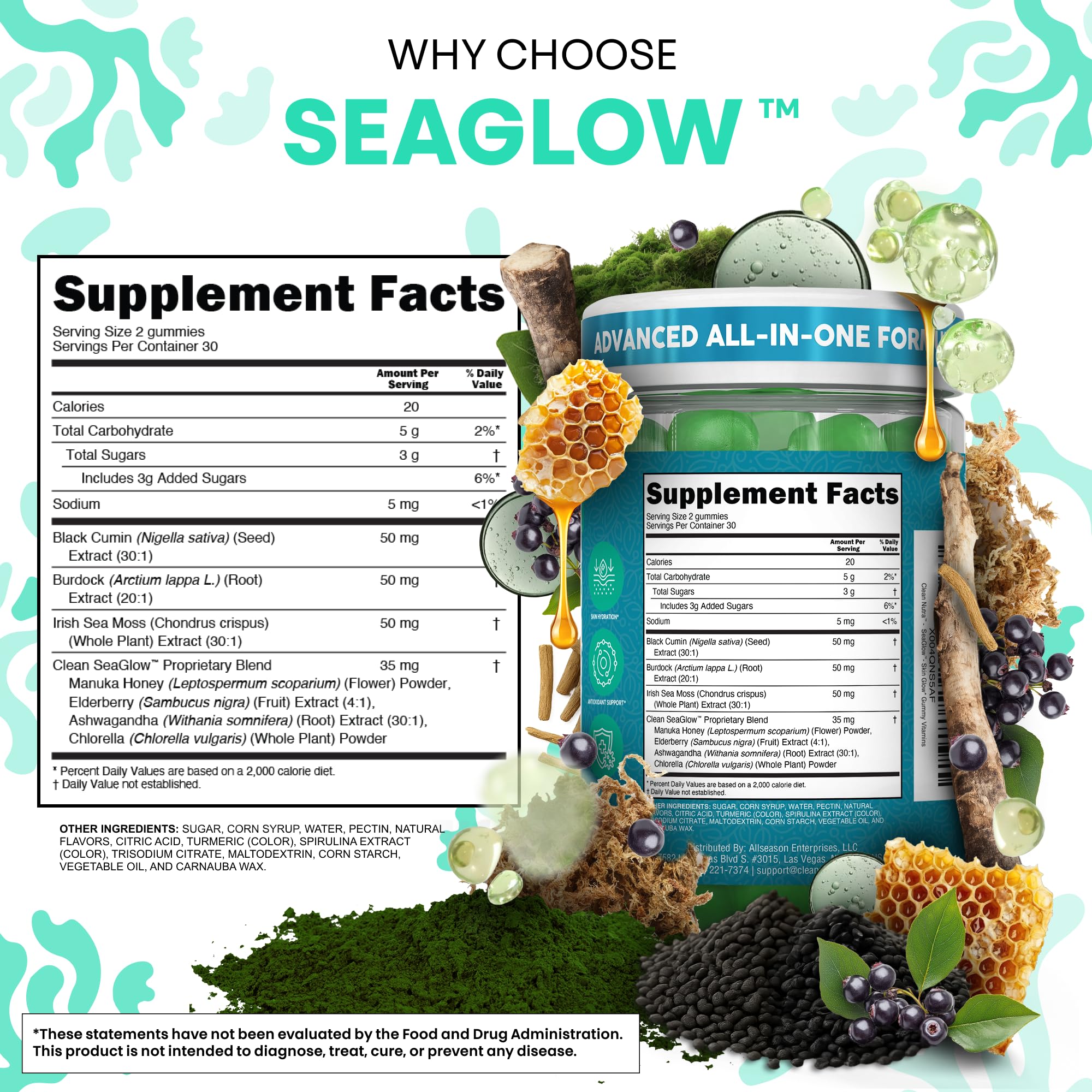 Bottle highlighting Irish sea moss ingredient in Clean Nutraceuticals Sea Glow Gummies.