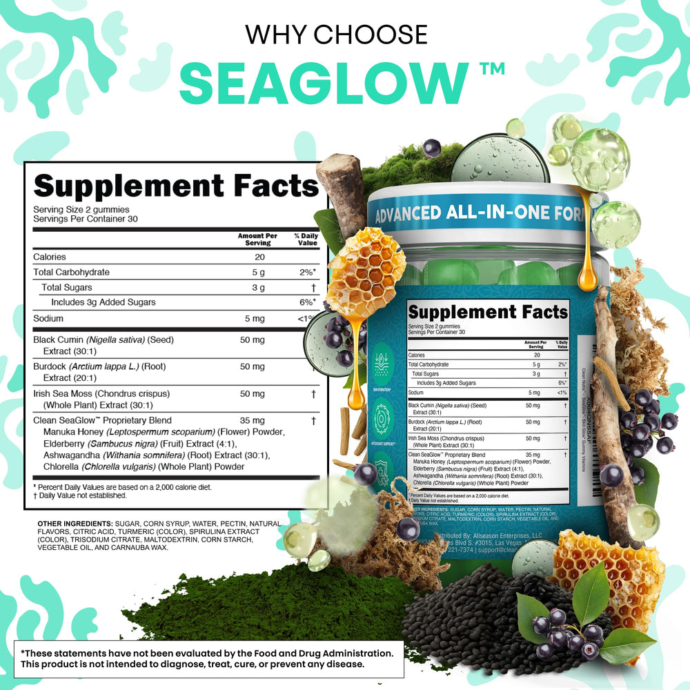 Bottle highlighting Irish sea moss ingredient in Clean Nutraceuticals Sea Glow Gummies.