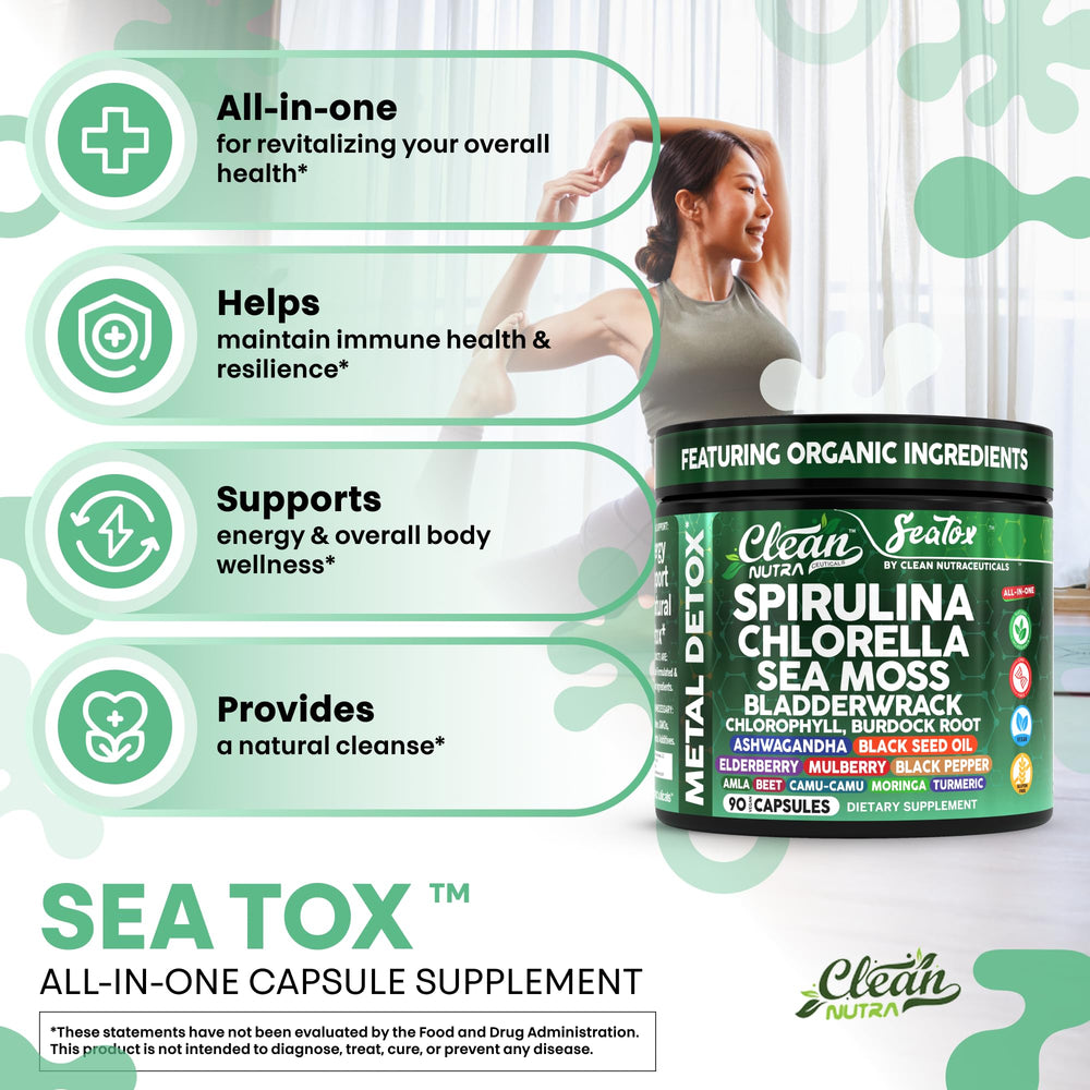 Clean Nutraceuticals Sea Tox label close-up showcases ashwagandha and elderberry botanicals.