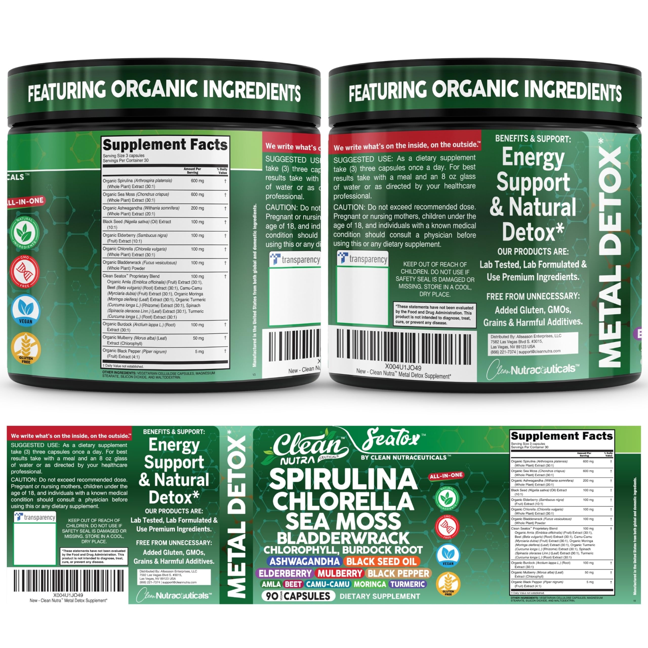 Clean Nutraceuticals Sea Tox bottle side view emphasizes vegan, plant-based nourishment.