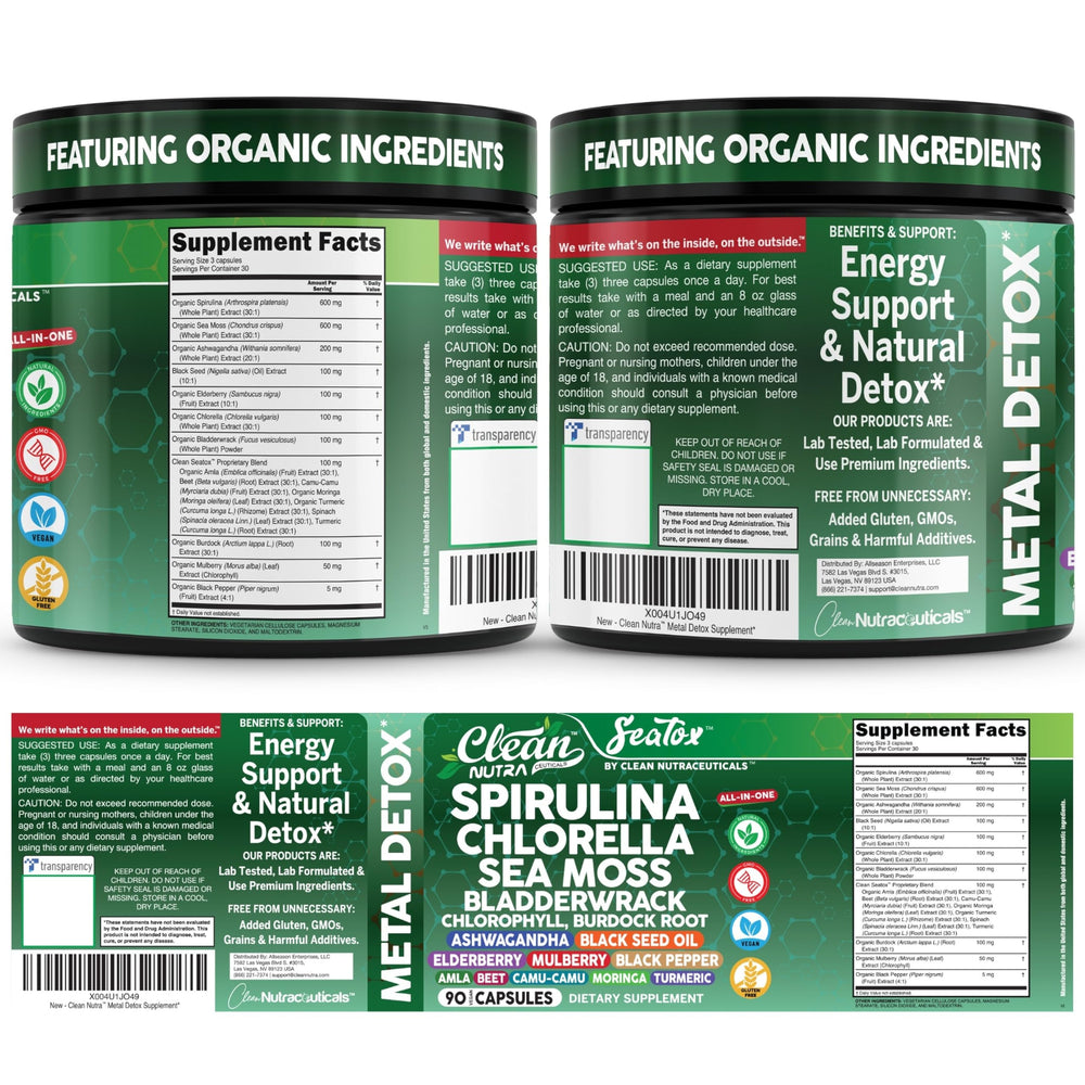 Clean Nutraceuticals Sea Tox bottle side view emphasizes vegan, plant-based nourishment.