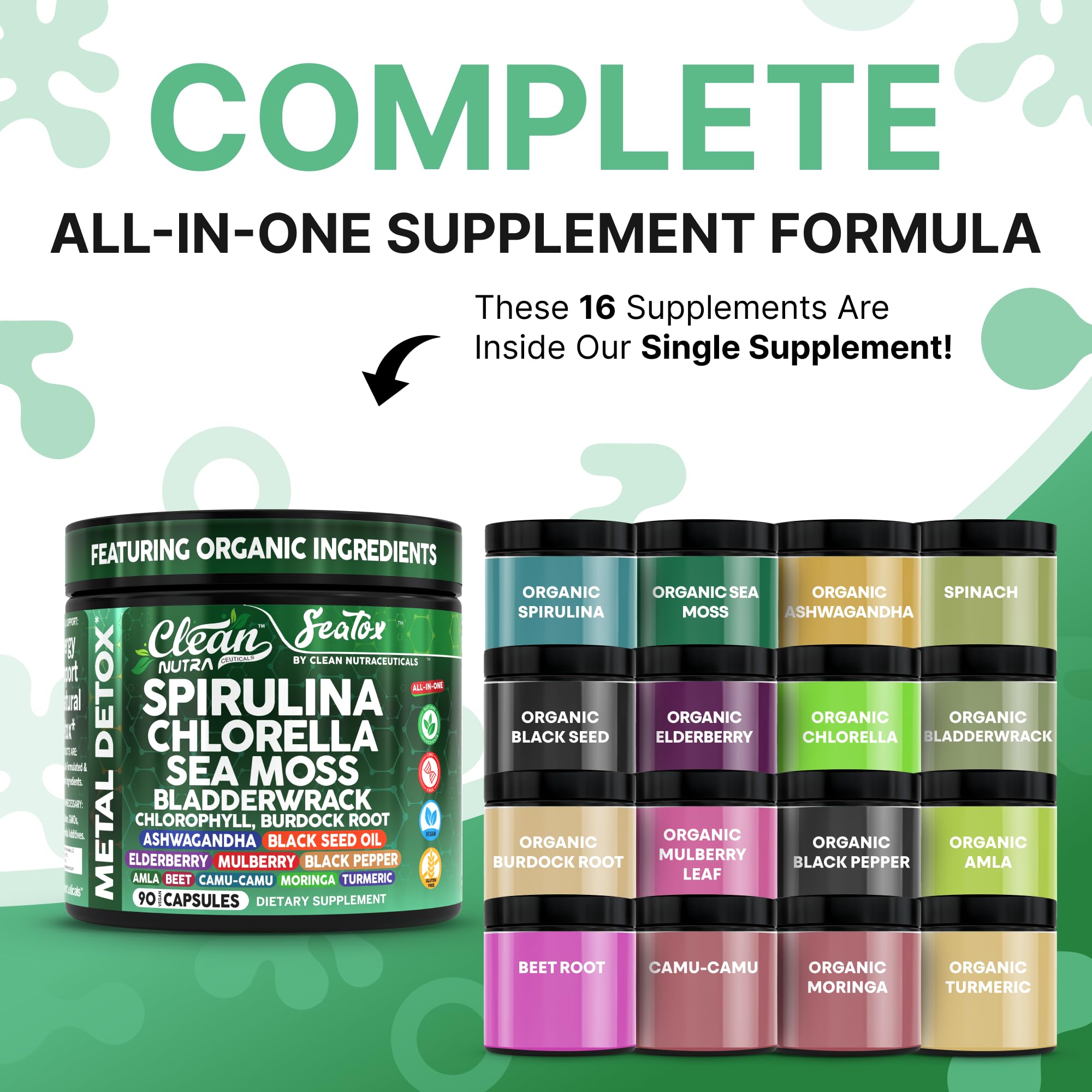 Clean Nutraceuticals Sea Tox capsules close-up show spirulina and chlorella for daily vitality.