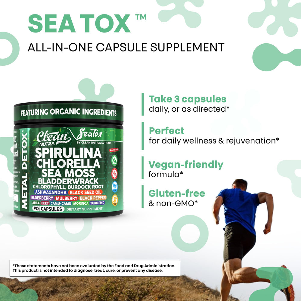 Clean Nutraceuticals Sea Tox bottle label highlights organic botanical blend.
