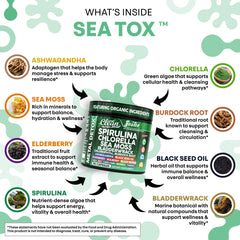 Clean Nutraceuticals Sea Tox sea moss and bladderwrack blend highlights mineral-rich greens.