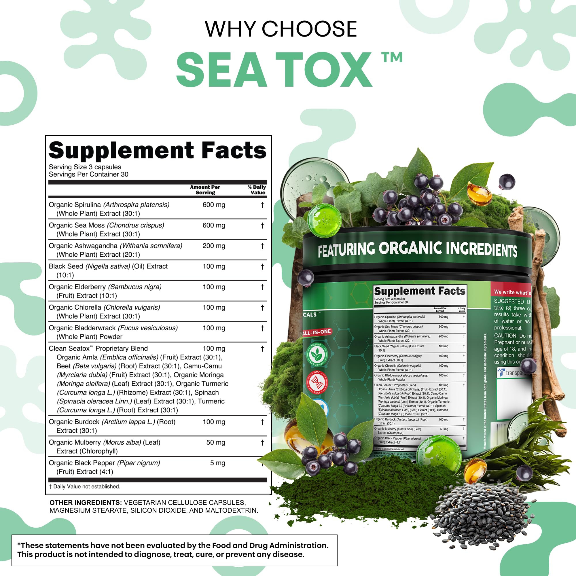 Clean Nutraceuticals Sea Tox turmeric and black seed oil detail signals antioxidant support.