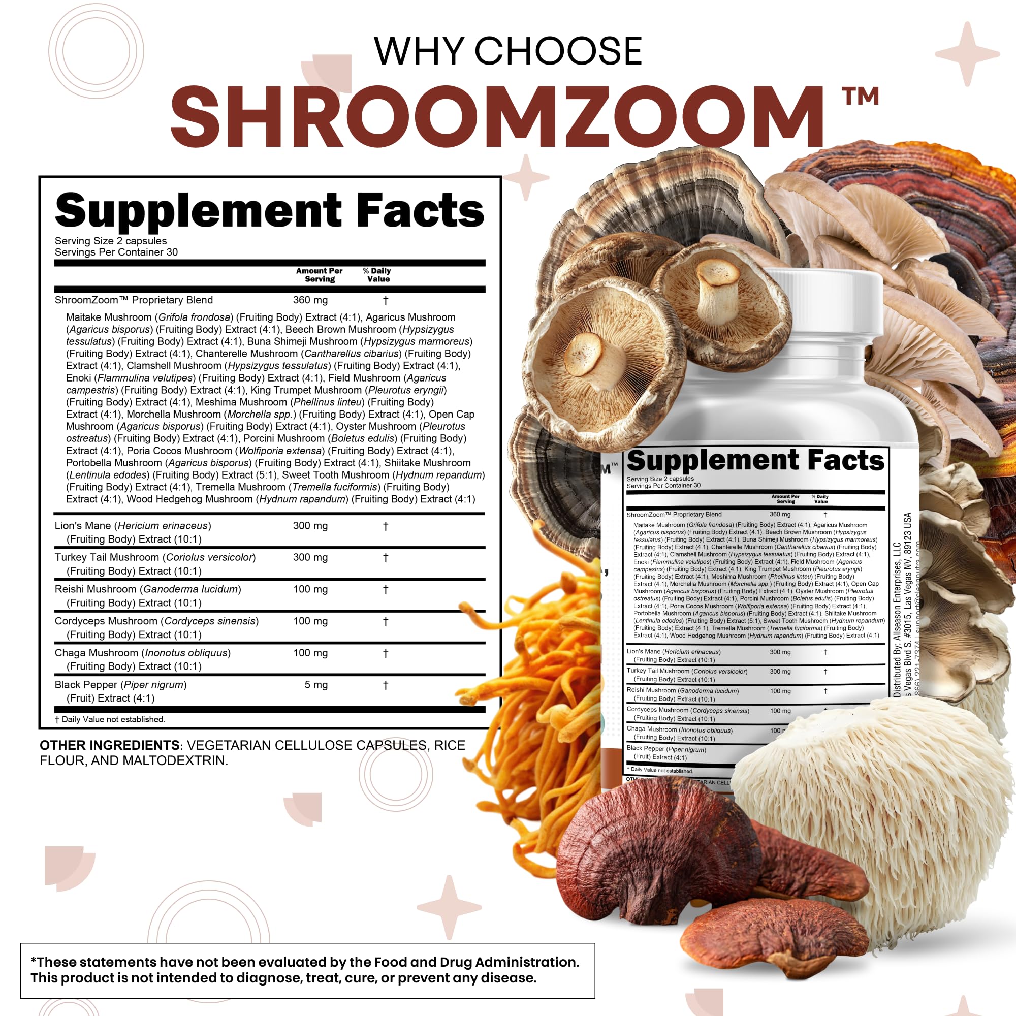 ShroomZoom bottle label close-up highlights multi-mushroom formula.