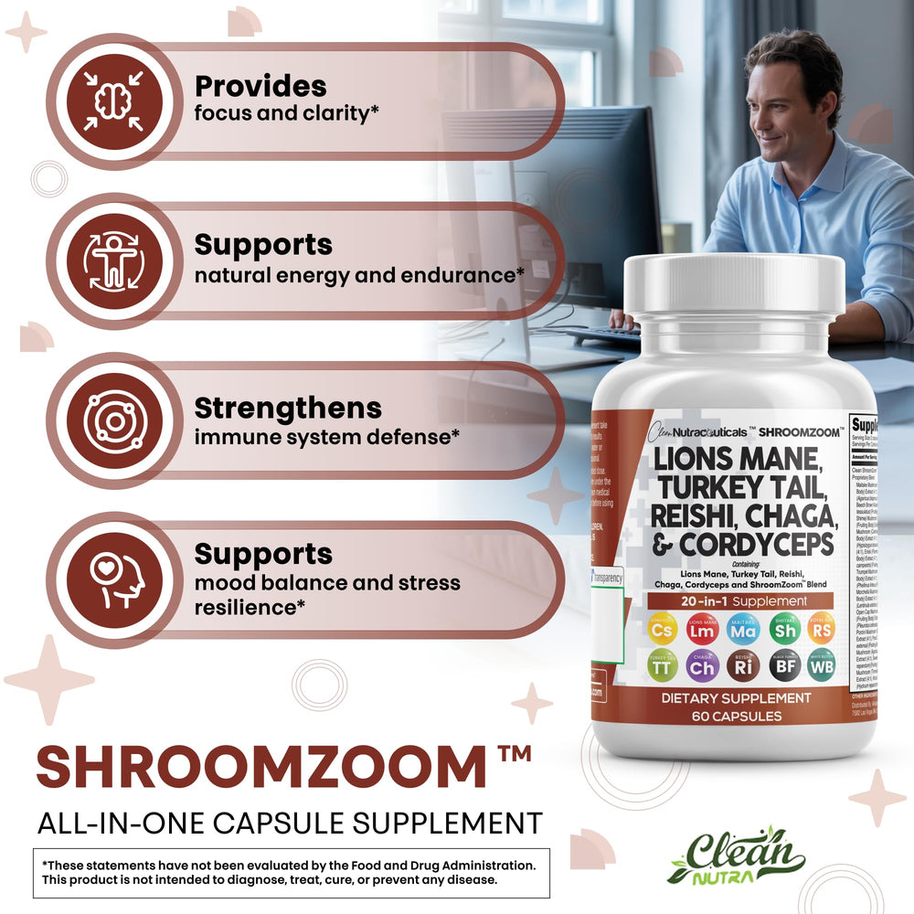 Packaging box conveys premium mushroom blend and trusted ingredients.