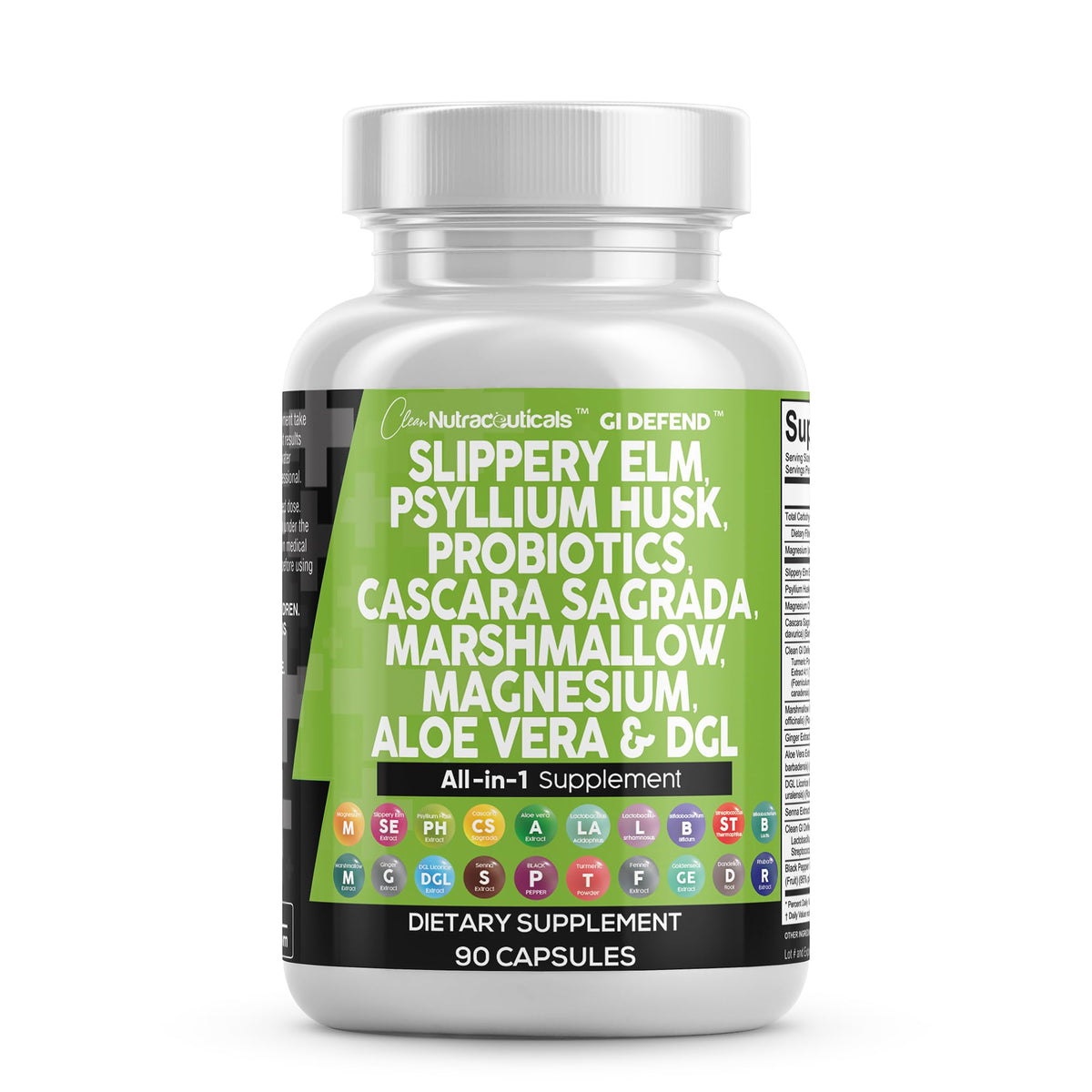 Clean Nutraceuticals Slippery Elm Psyllium Husk Bottle Front showing easy daily digestive support