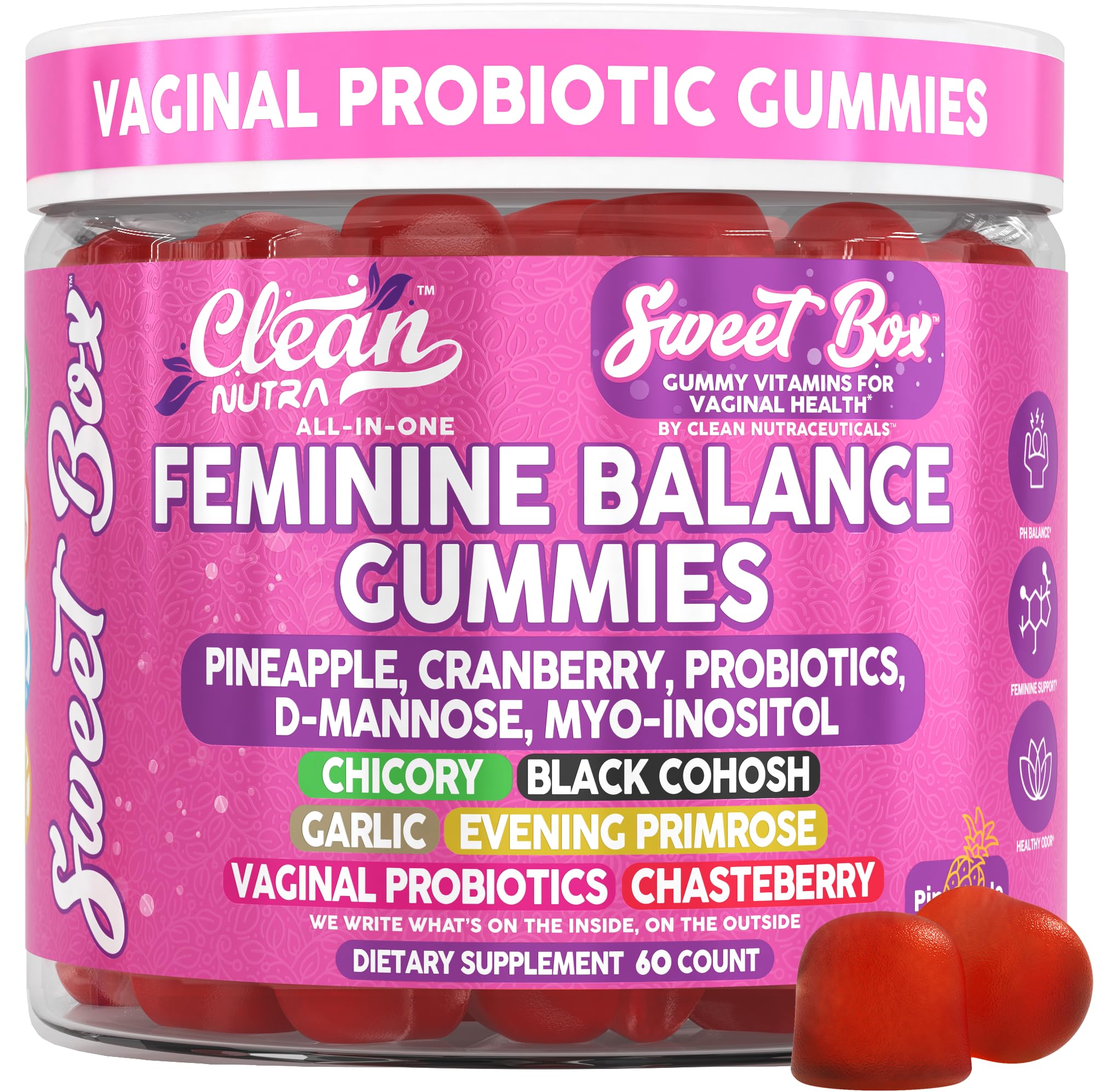 Clean Nutraceuticals Sweet Box feminine balance bottle with pineapple gummies for daily vitality