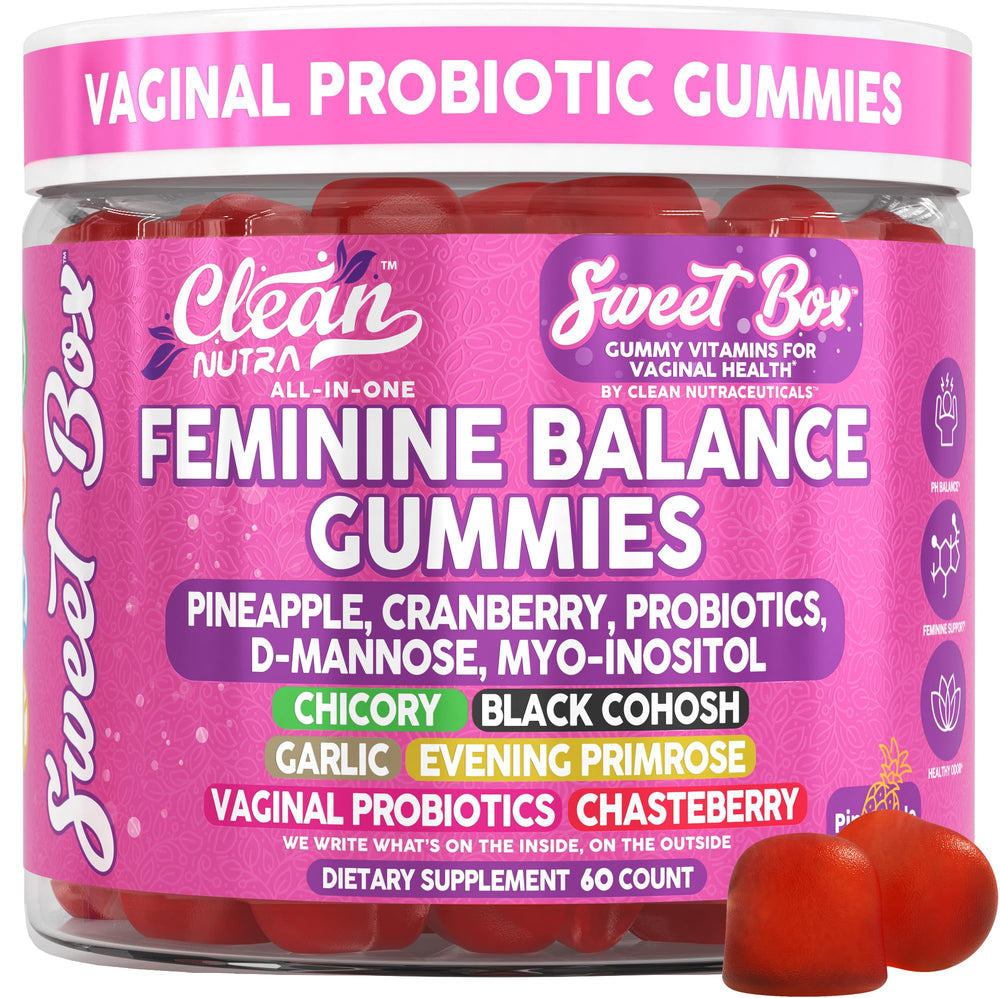 Clean Nutraceuticals Sweet Box feminine balance bottle with pineapple gummies for daily vitality