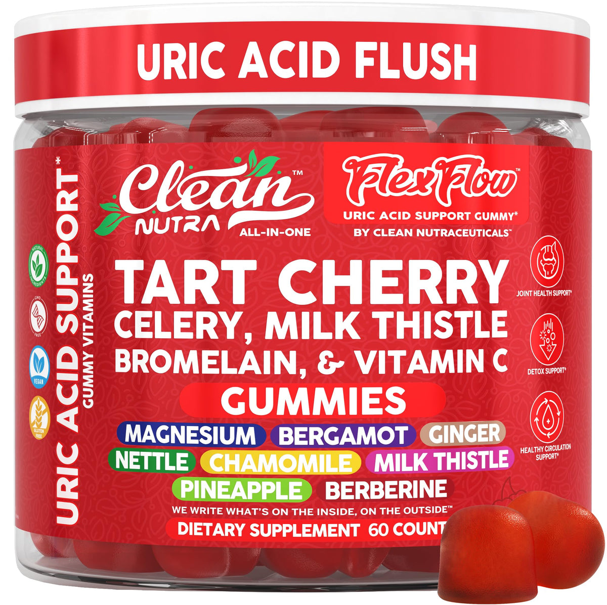 Clean Nutraceuticals tart cherry gummies bottle for convenient daily uric acid support