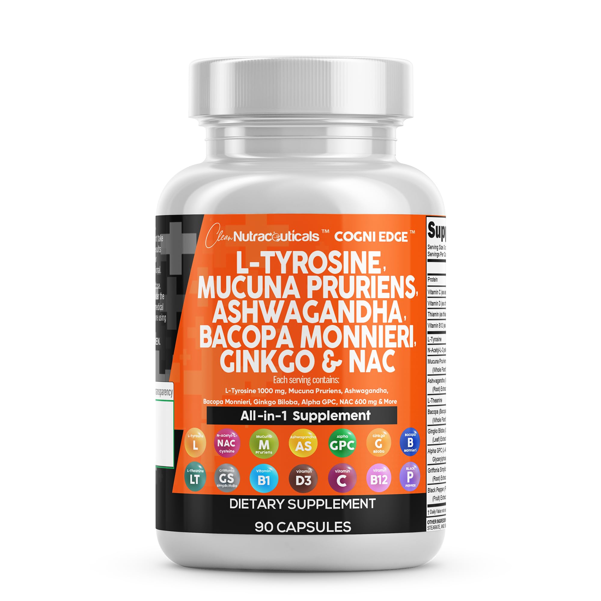 Clean Nutraceuticals Tyrosine Mucuna bottle for sharper focus and mood support.