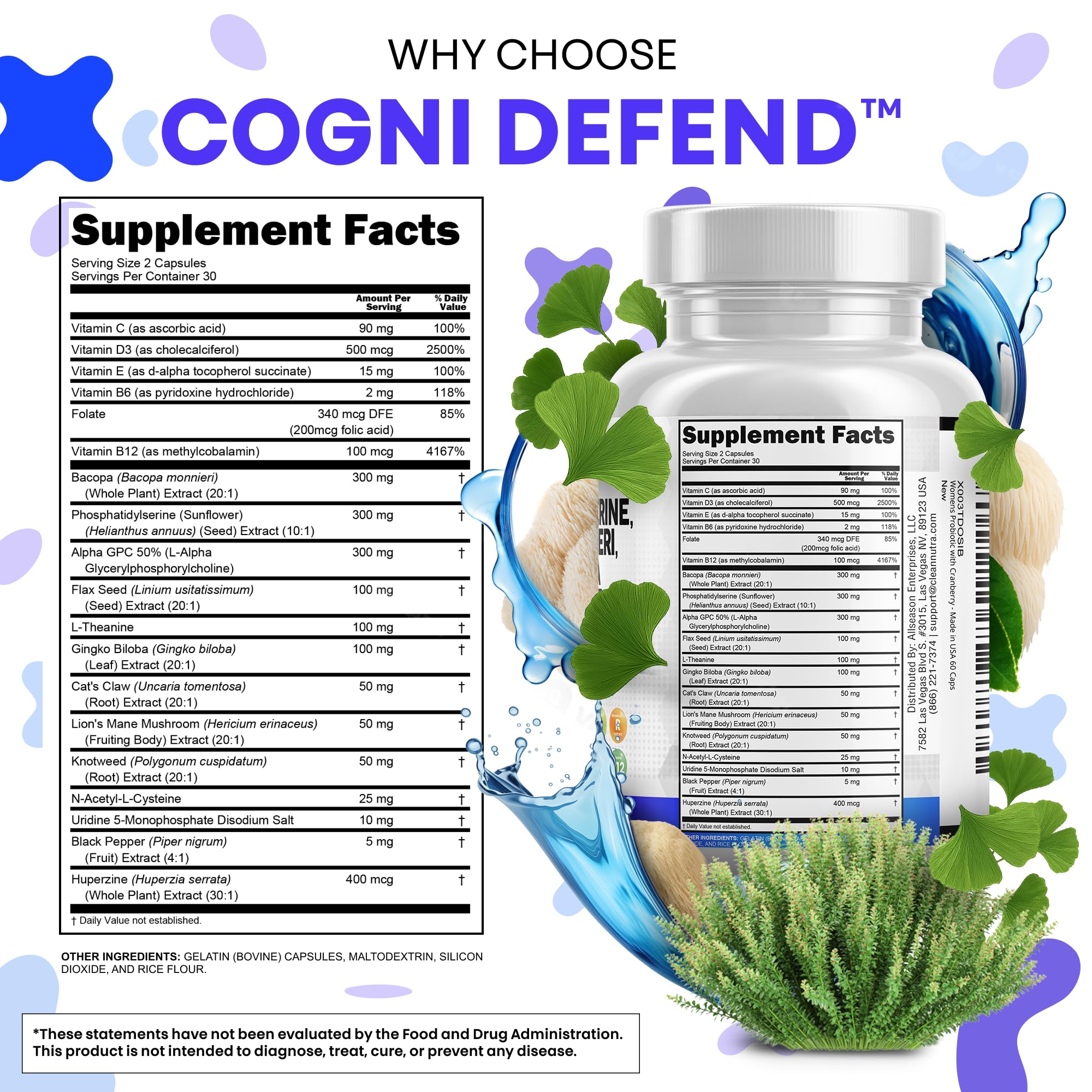 Clean Nutraceuticals uridine lions mane cats claw capsules for memory support.