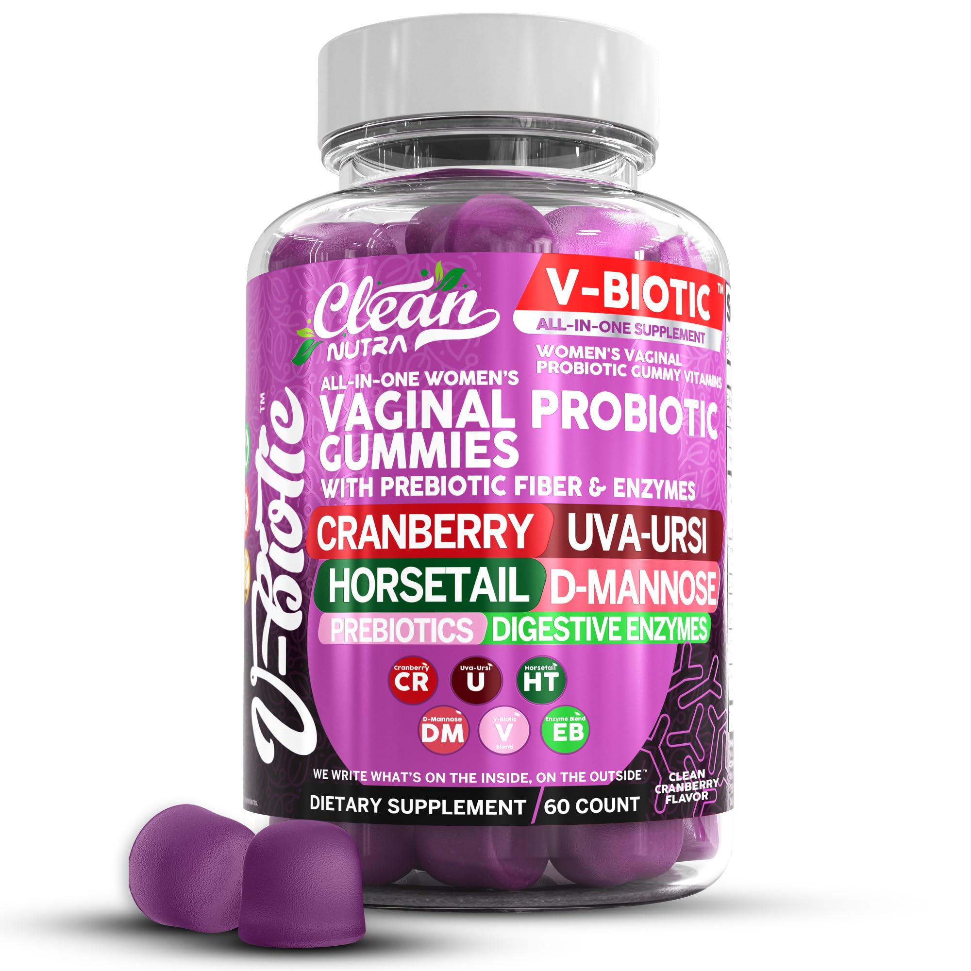 Clean Nutraceuticals Vaginal Probiotics gummies with cranberry packaging for convenient daily use.