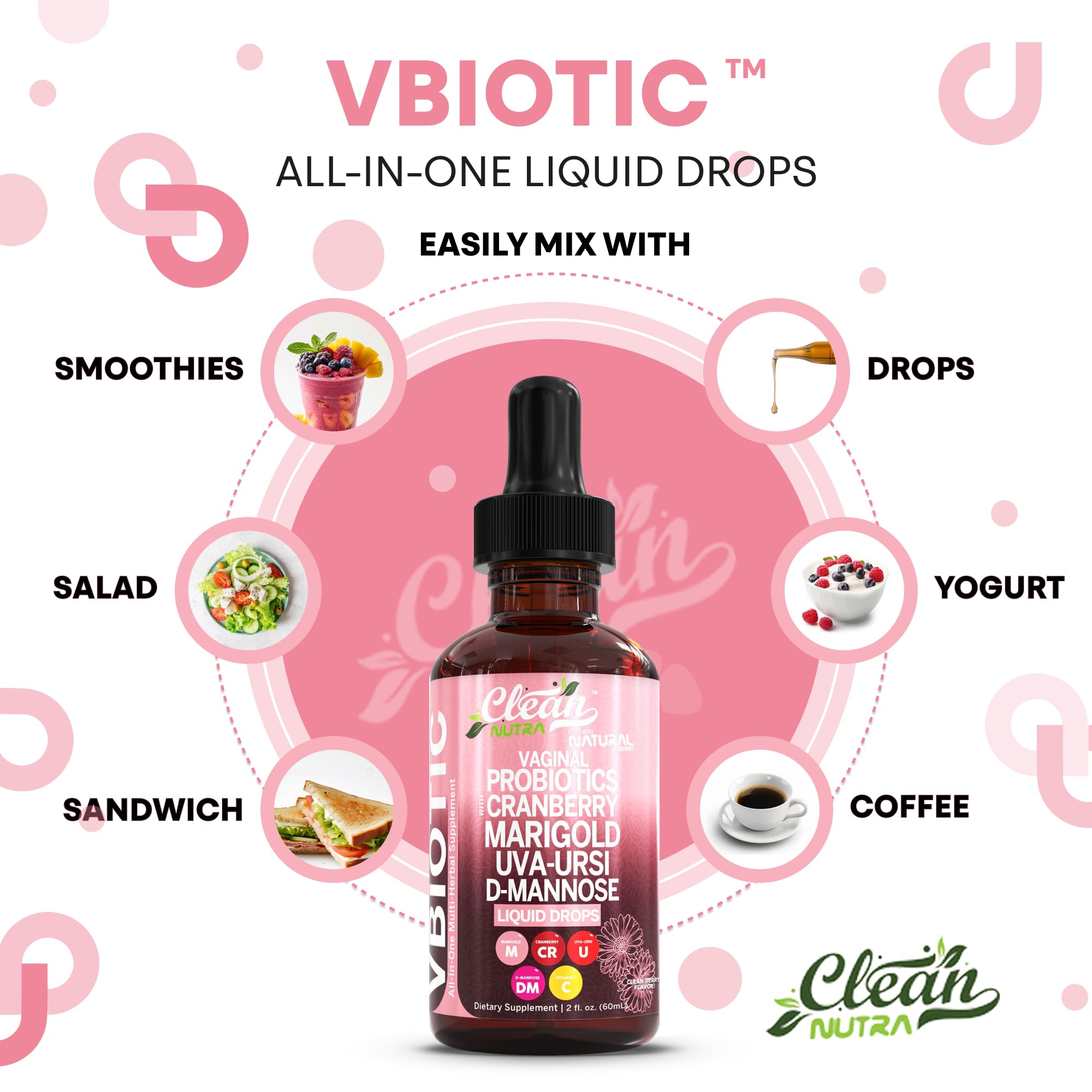 Digestive enzymes and prebiotics aid gut health within VBiotic drops.