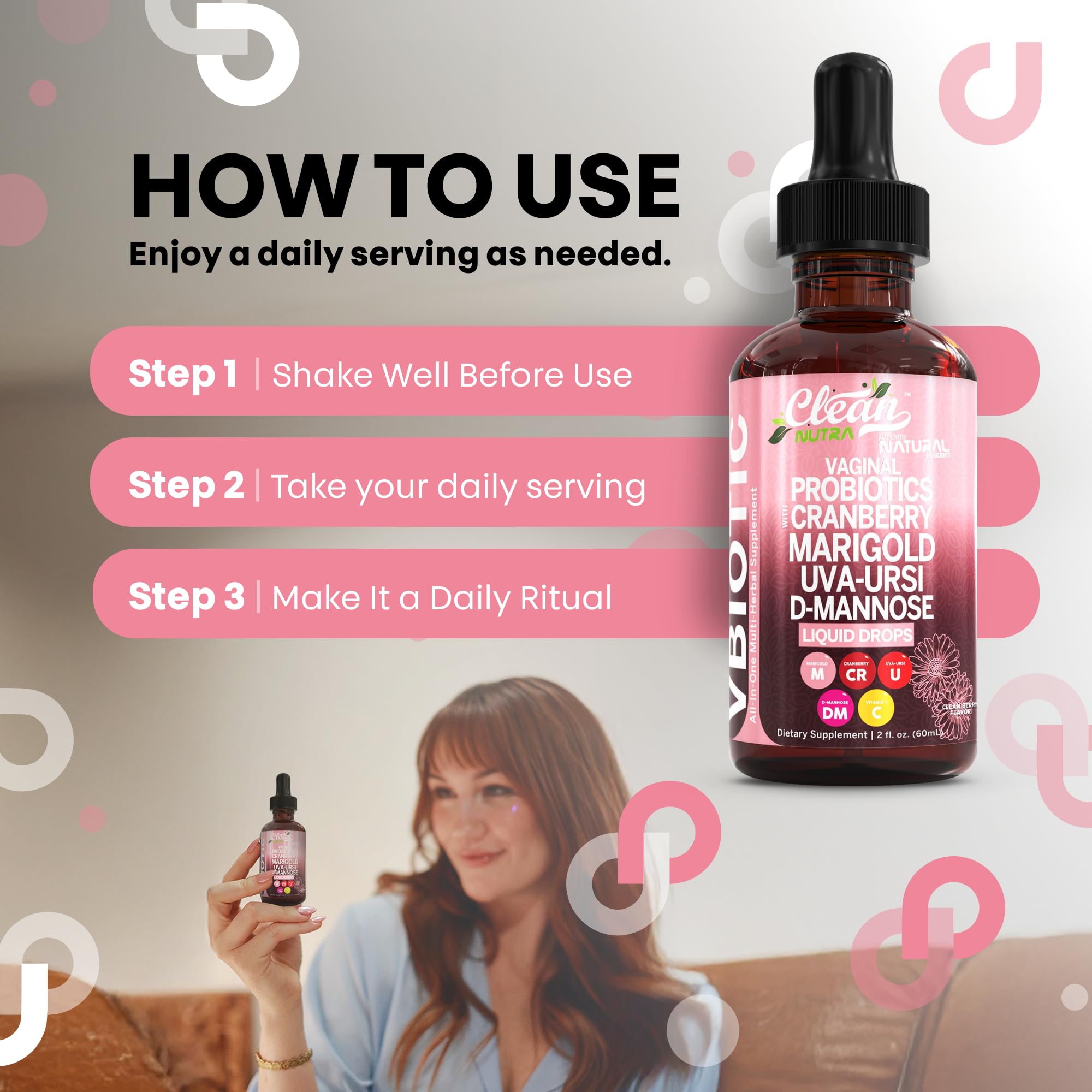 Dropper bottle shown for convenient daily use with VBiotic.