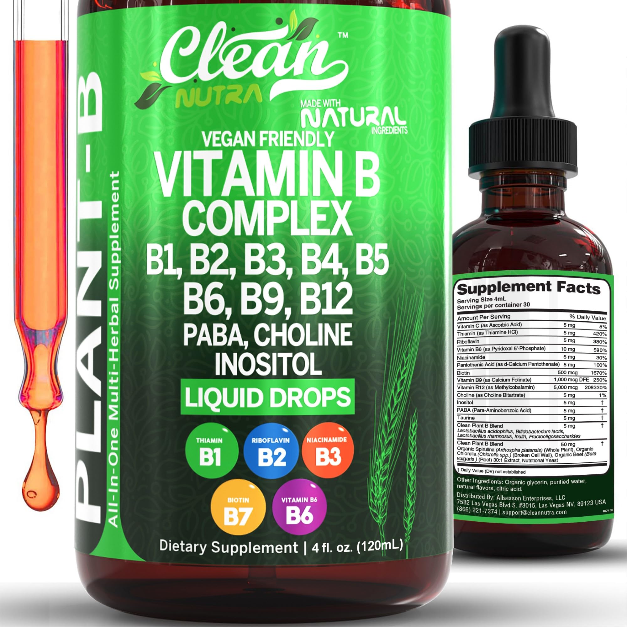 Clean Nutraceuticals Vitamin B Complex bottle label highlighting vegan, gluten-free formula for daily vitality.