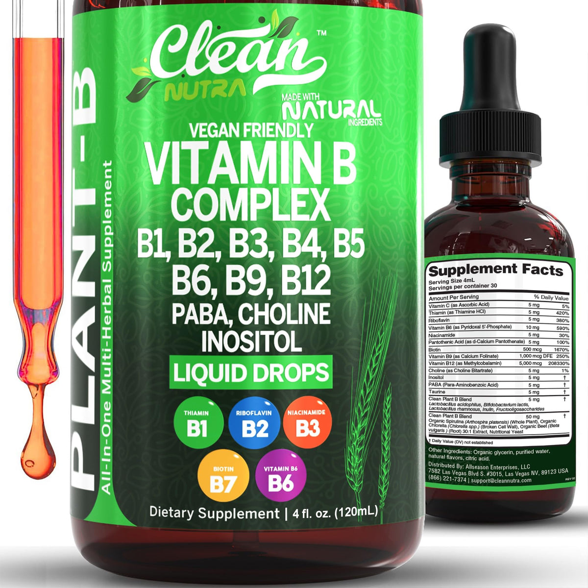 Clean Nutraceuticals Vitamin B Complex bottle label highlighting vegan, gluten-free formula for daily vitality.