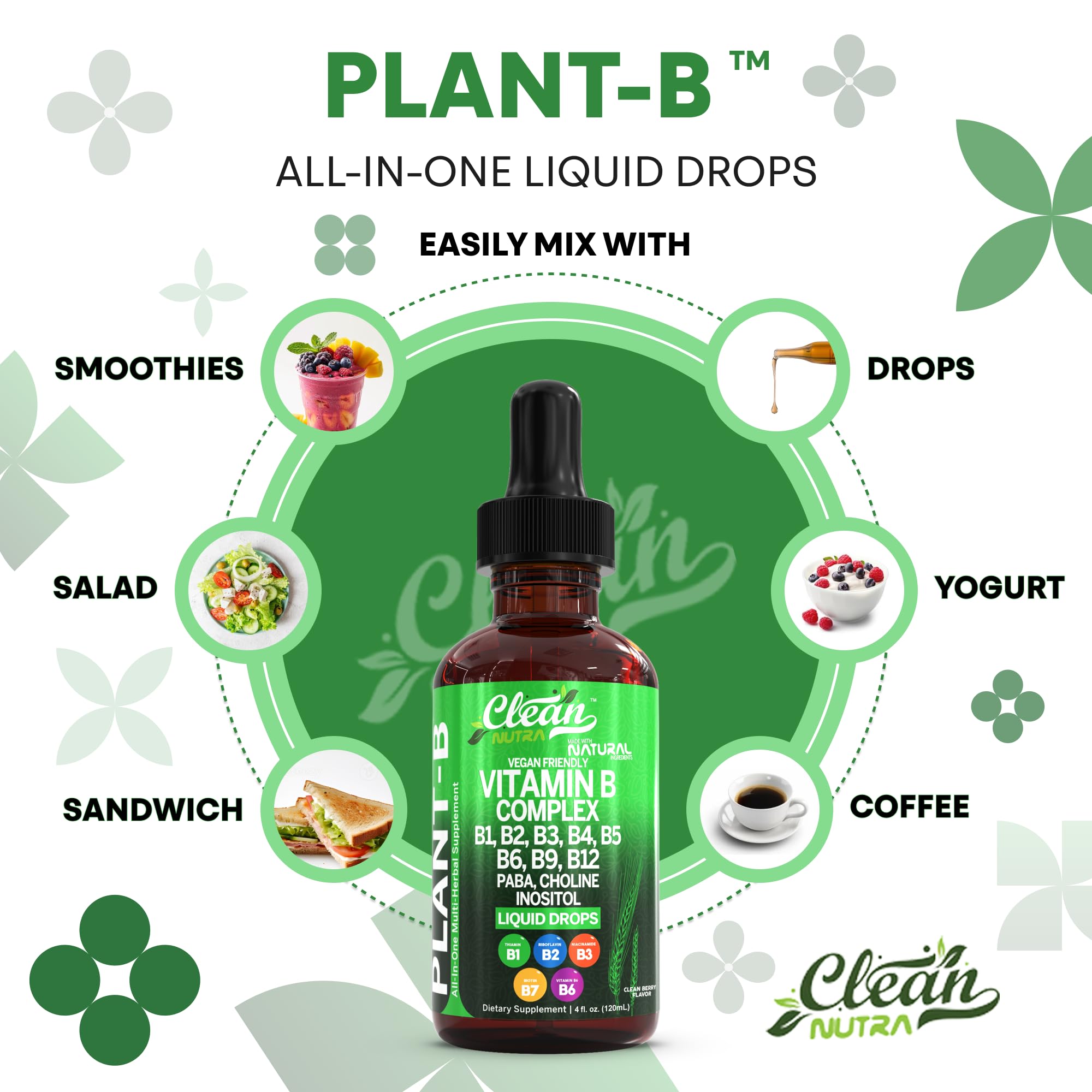 Clean Nutraceuticals Vitamin B Complex methylfolate and B12 boosters highlighted on the label.