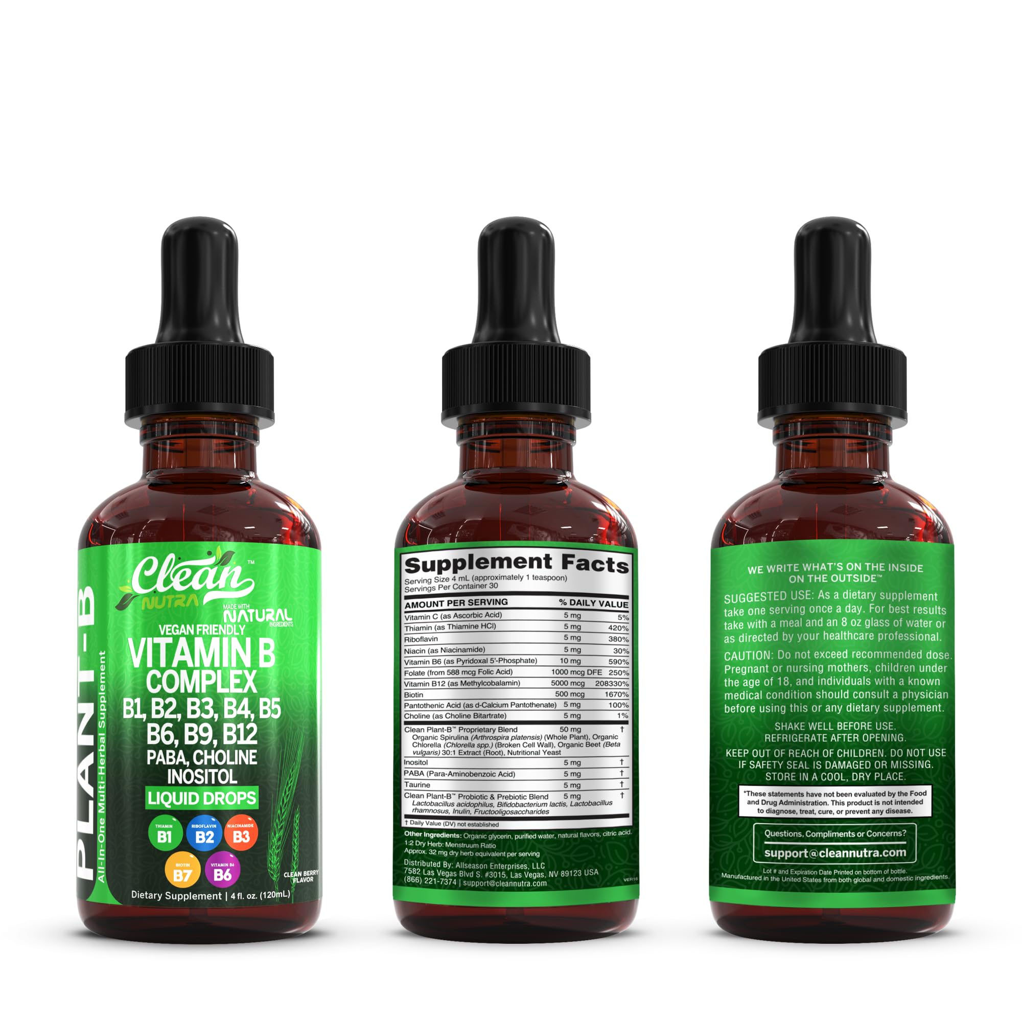Clean Nutraceuticals Vitamin B Complex bottle with dropper enables precise dosing.