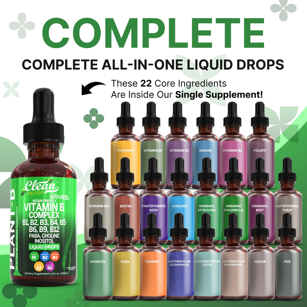 Clean Nutraceuticals Vitamin B Complex drops pour into a glass for easy daily use.